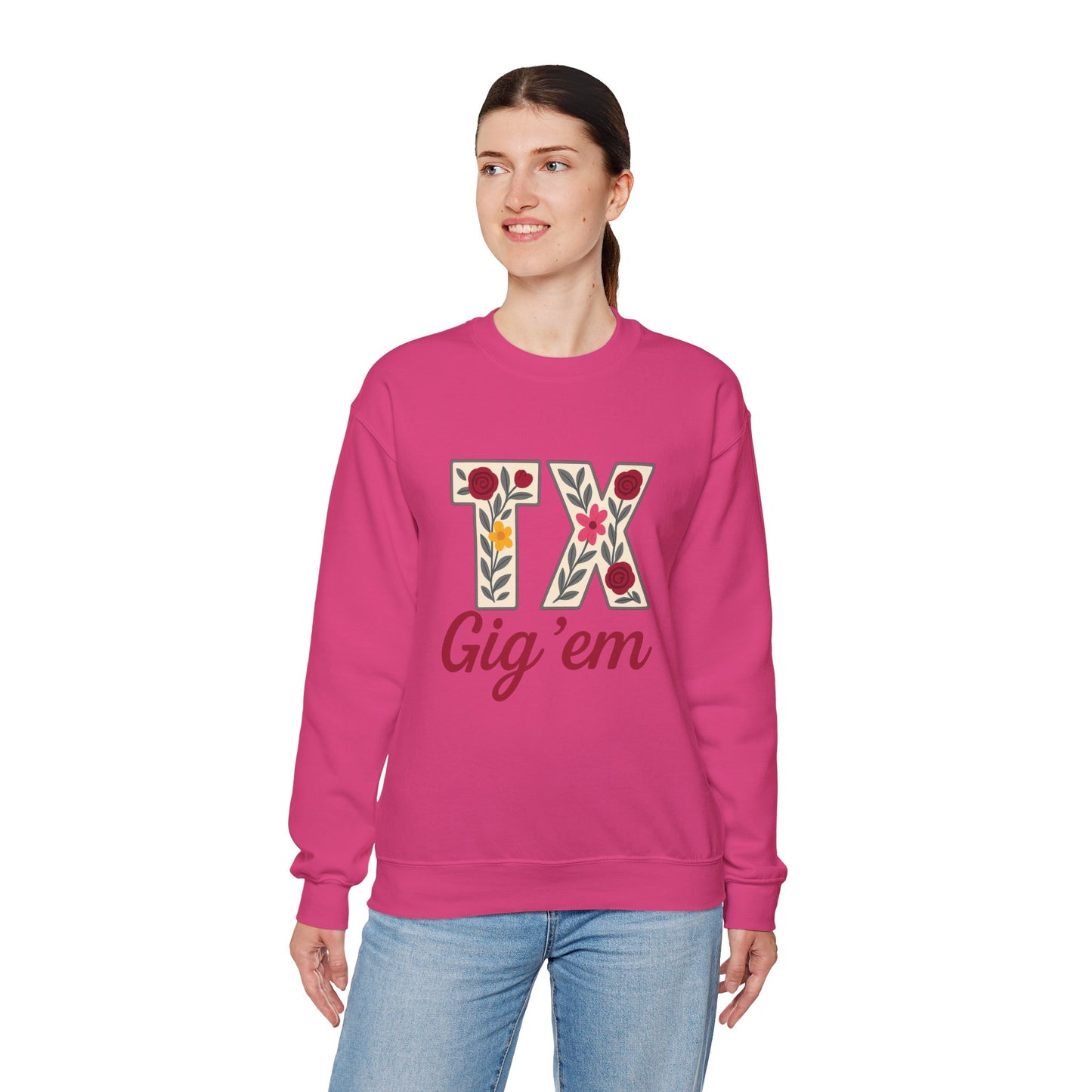 Texas Floral Crewneck Sweatshirt, Cozy Texas Sweatshirt, TX Gig'em Gift, Unisex Sweatshirt for Gamers, Floral Crew Neck for Casual Wear
