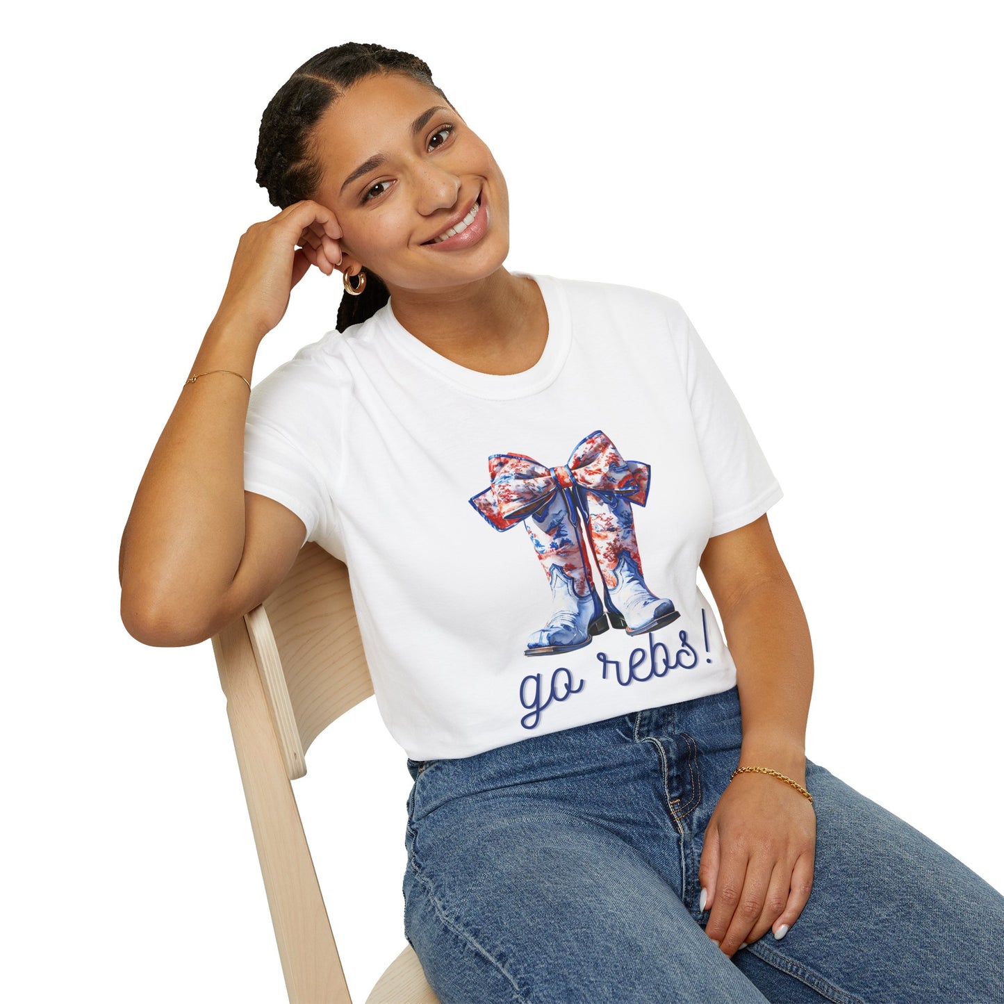 , go Rebs Cheerful Unisex Softstyle T-Shirt with Bow Design | Gift for Sports Fans, Casual Wear, Team Spirit, Game Day Shirt, Cheerleading Top