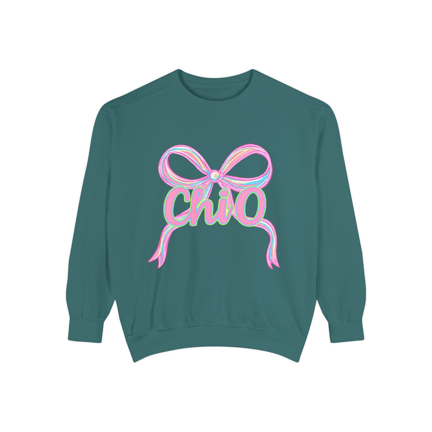 CHIO Chic Bow Graphic Unisex Garment-Dyed Sweatshirt, Cozy Pullover, Fashionable Gift, Casual Outfit, Spring Style, Trendy Apparel