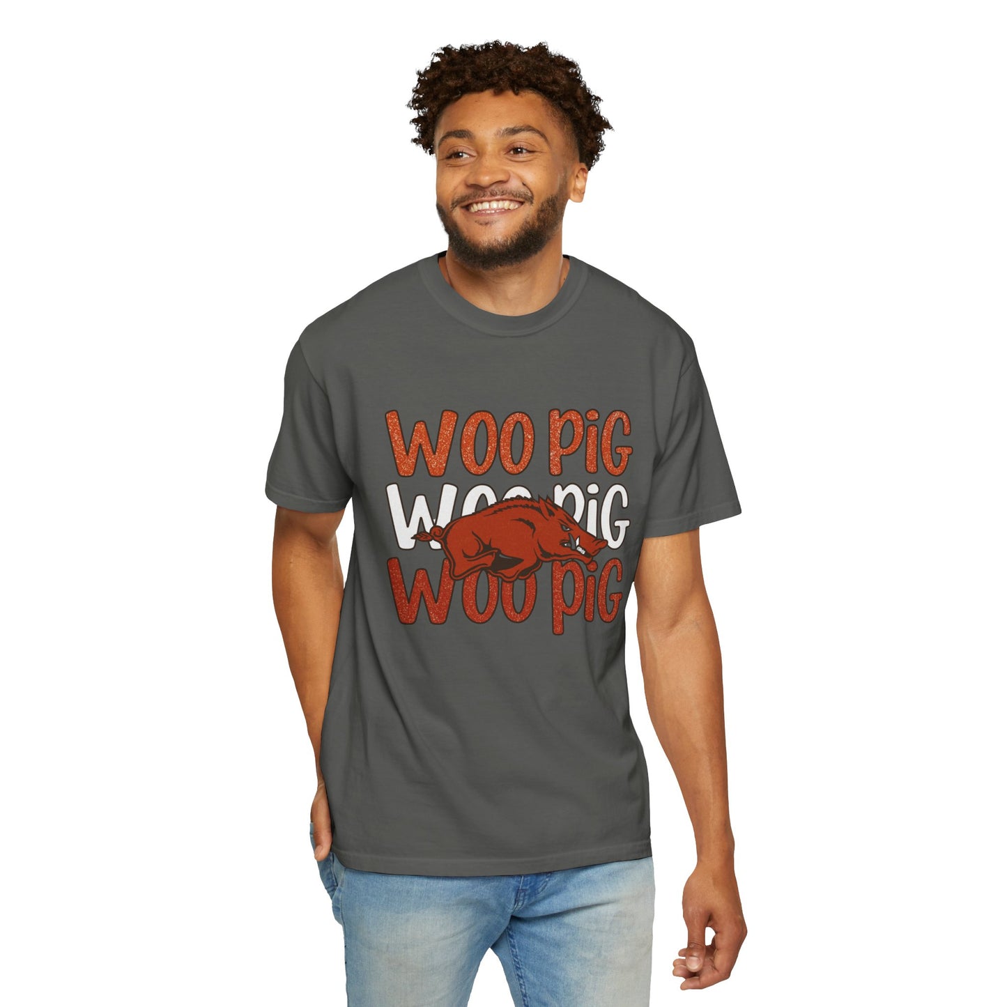 Woo Pig Garment-Dyed T-Shirt, Unisex Tee, Arkansas Pride Shirt, Casual Everyday Wear, College Game Day Tee, Fun Graphic Tee