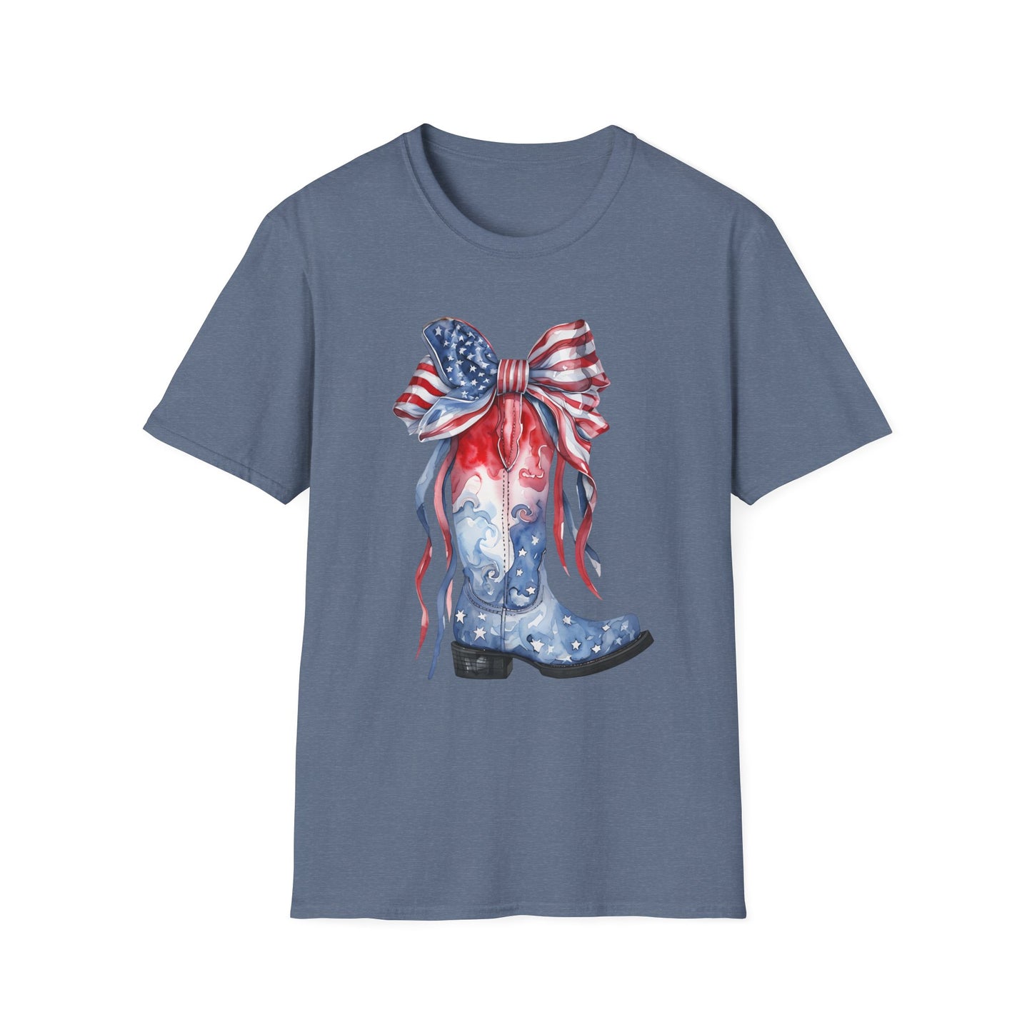 Patriotic Cowboy Boot T-Shirt | Unisex Softstyle Tee for Independence Day