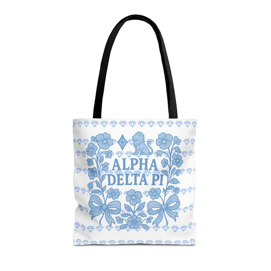 Alpha Delta Pi Floral Tote Bag - Stylish Sorority Accessory, Gift for College Students, Everyday Use, Blue Floral Design, AOP Style
