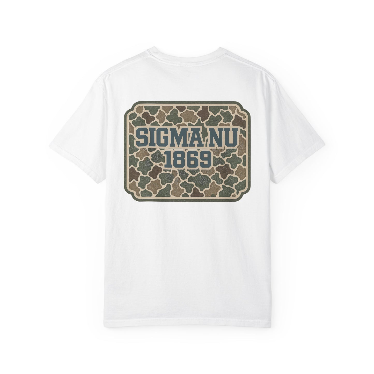 SigmaNu Camouflage T-Shirt | Unisex Garment-Dyed Tee for Greek Life | Ideal for Fraternity Events, Casual Wear, Gifts, Game Days