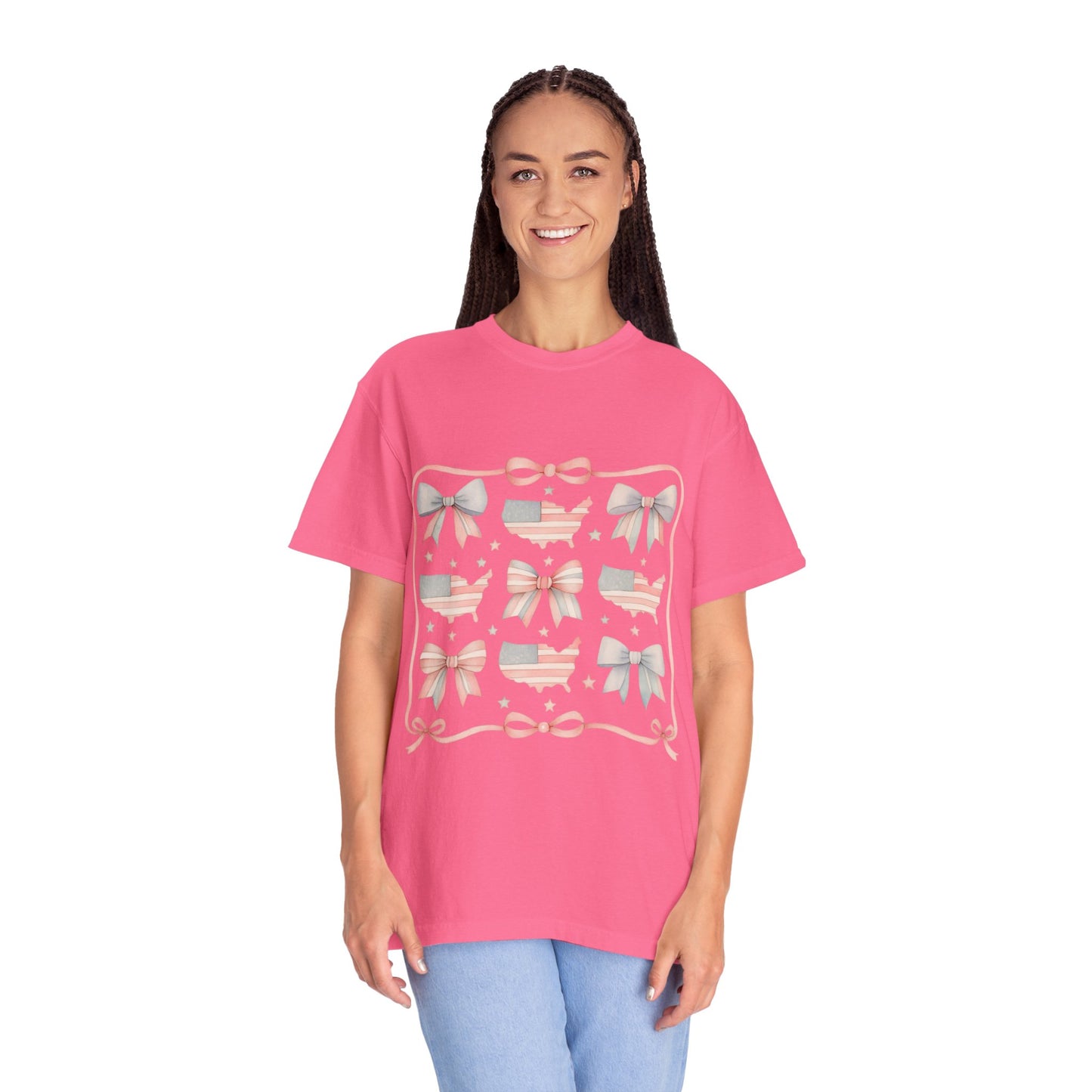 America Coquette Cute Bow Pattern Comfort Colors Unisex T-Shirt - 4th of July USA Celebration