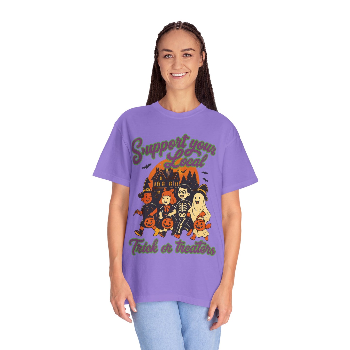 Halloween Support T-Shirt, Youth Trick or Treat Shirt, Garment-Dyed Tee for Kids, Spooky Season Apparel, Holiday Party Top, Fun Costume Wear