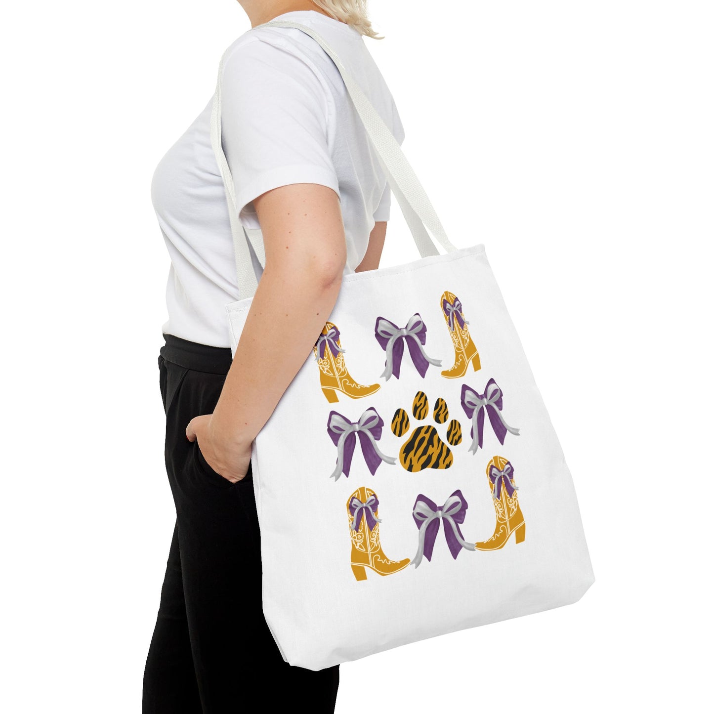 LSu coquette bow Print Tote Bag, Eco-Friendly Fashion Bag, lsu tiger fan, louisiana game day, geaux tigers, college student gift, graduation gift