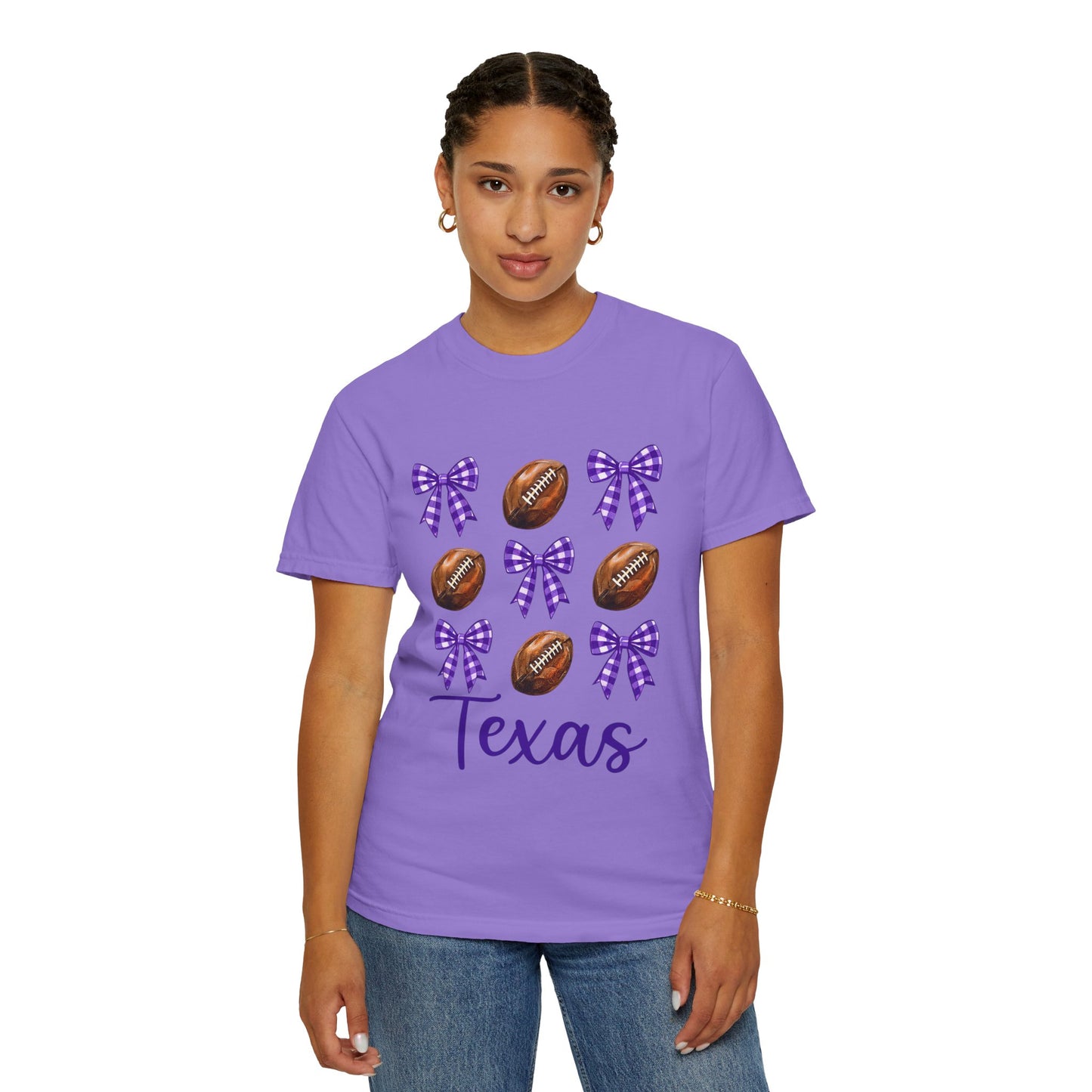 Texas Football Unisex T-Shirt with Purple Bows - Game Day Sports Apparel for Horned Frogs Fans