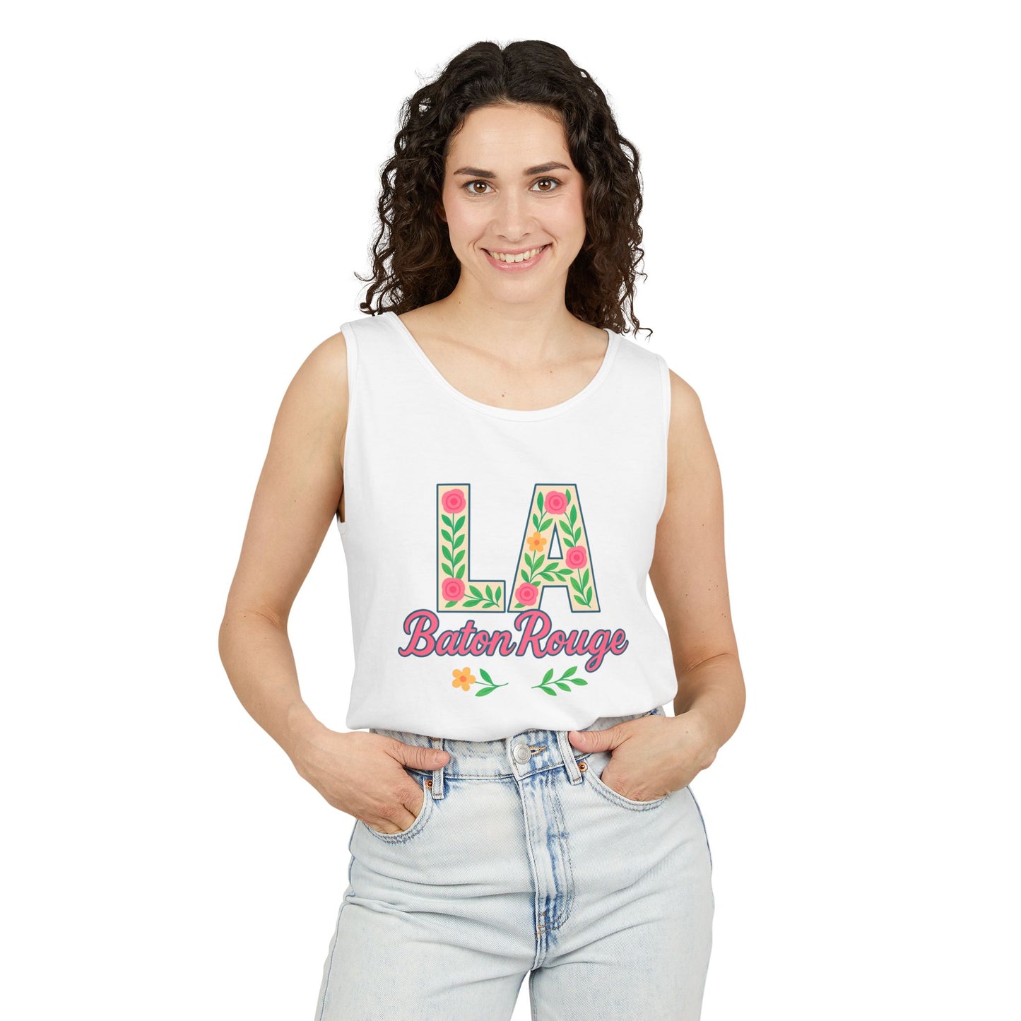LA Baton Rouge Floral Tank Top, Summer Vibes, Unisex Apparel, Gift for Friends, Vacation Outfit, Spring/Summer Wear, Comfort Colors, Graduation Gift