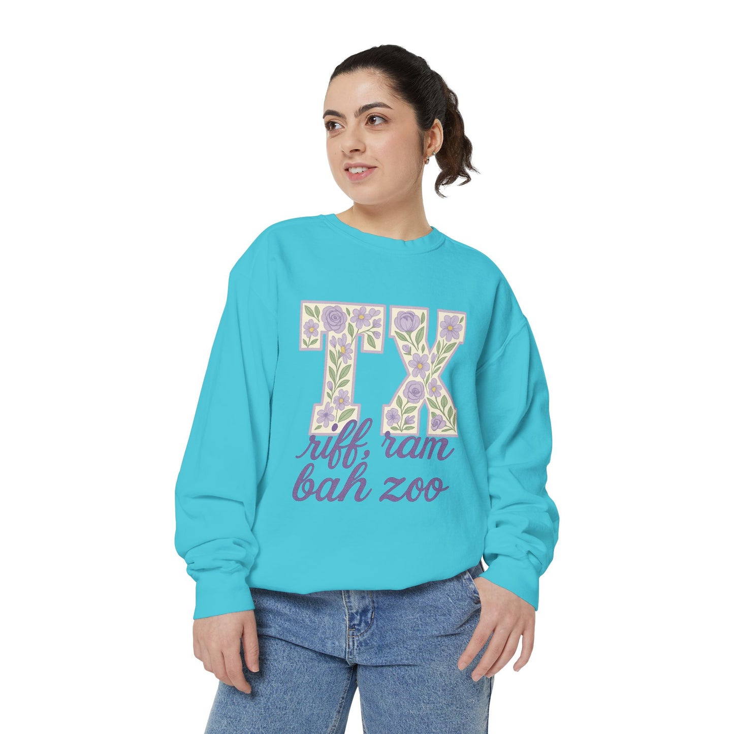 TCU Floral TX Sweatshirt - Unisex Garment-Dyed, Cozy Casual Wear, Texas Pride, Gift for Friends, College Apparel, Spring Outfits