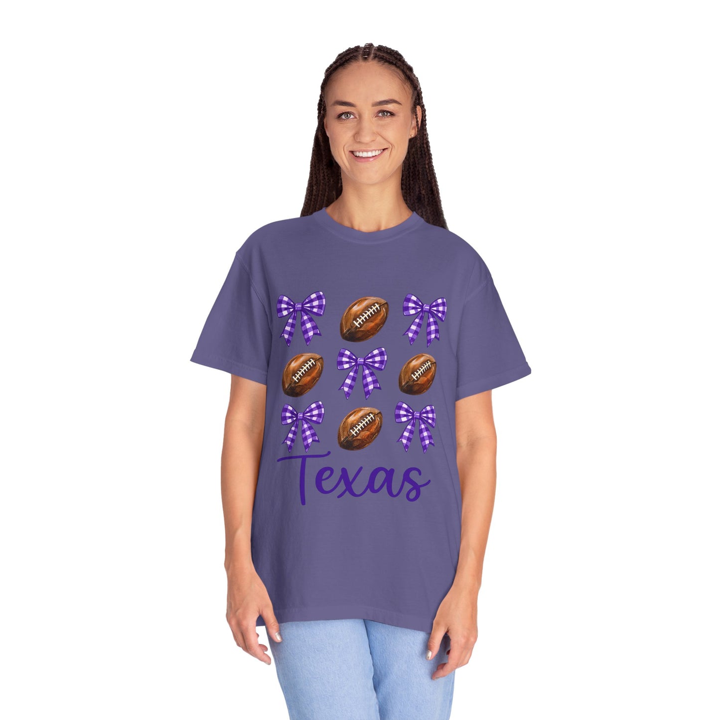 Texas Football Unisex T-Shirt with Purple Bows - Game Day Sports Apparel for Horned Frogs Fans