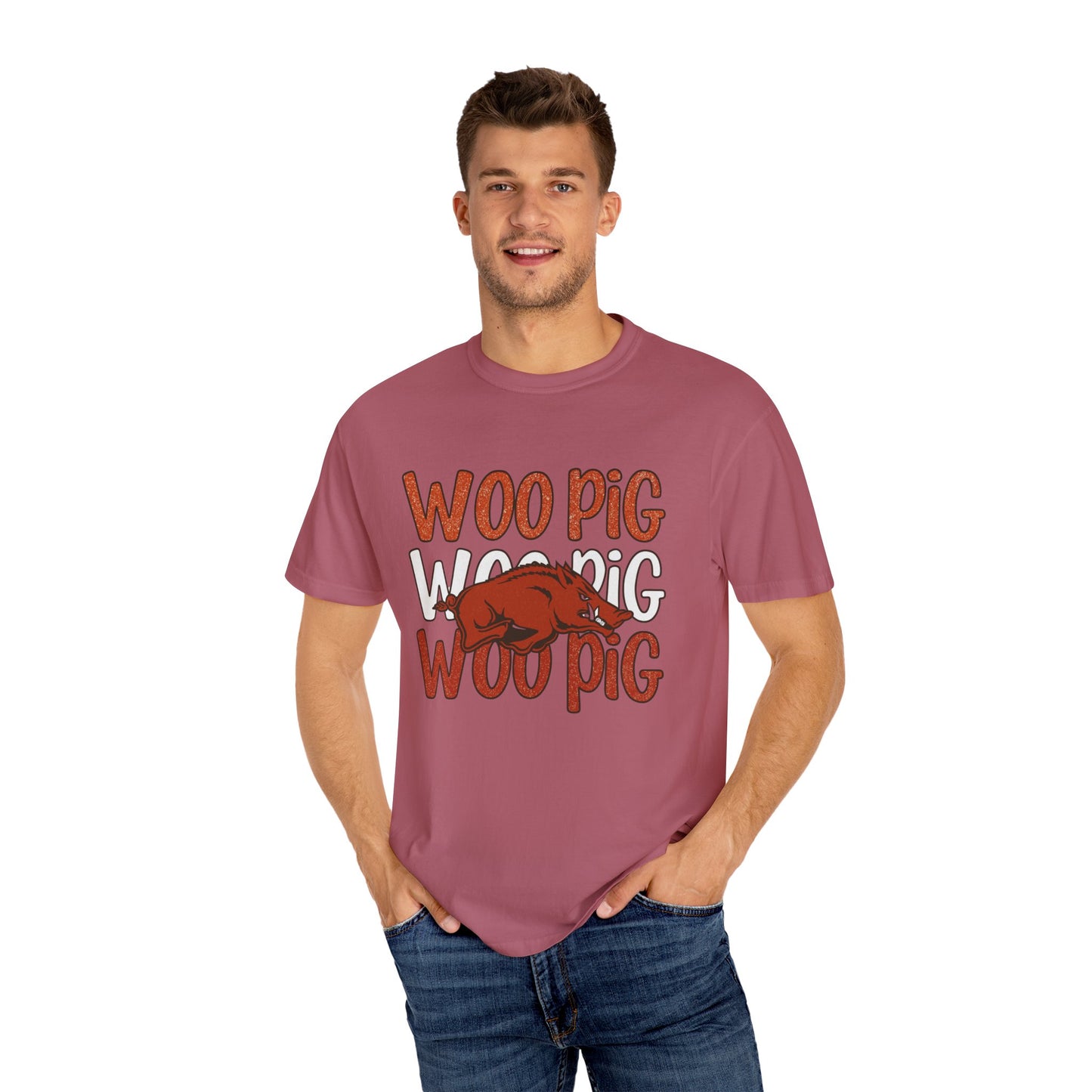 Woo Pig Garment-Dyed T-Shirt, Unisex Tee, Arkansas Pride Shirt, Casual Everyday Wear, College Game Day Tee, Fun Graphic Tee