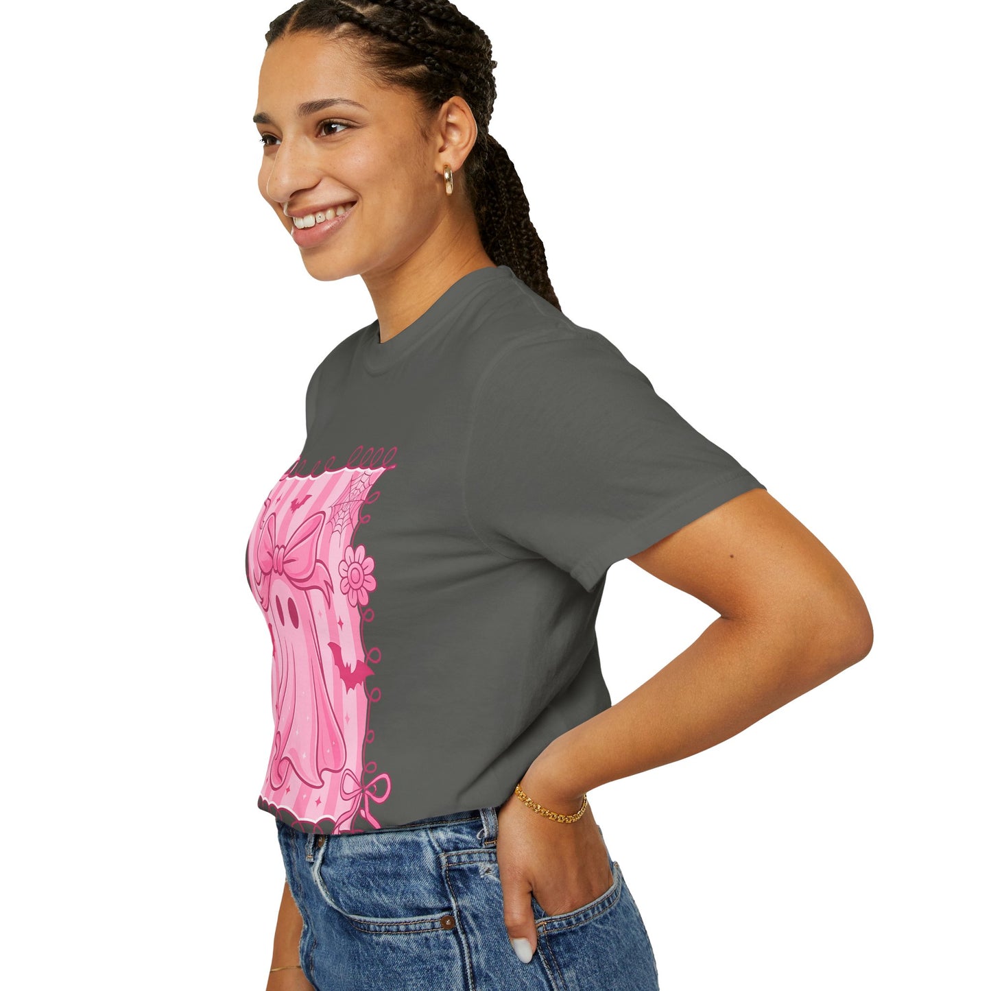 Cute Pink Ghost Graphic T-Shirt, Pink Halloween Tee, Unisex Garment-Dyed Top, Spooky Style for Fall, Trick or Treat Fashion