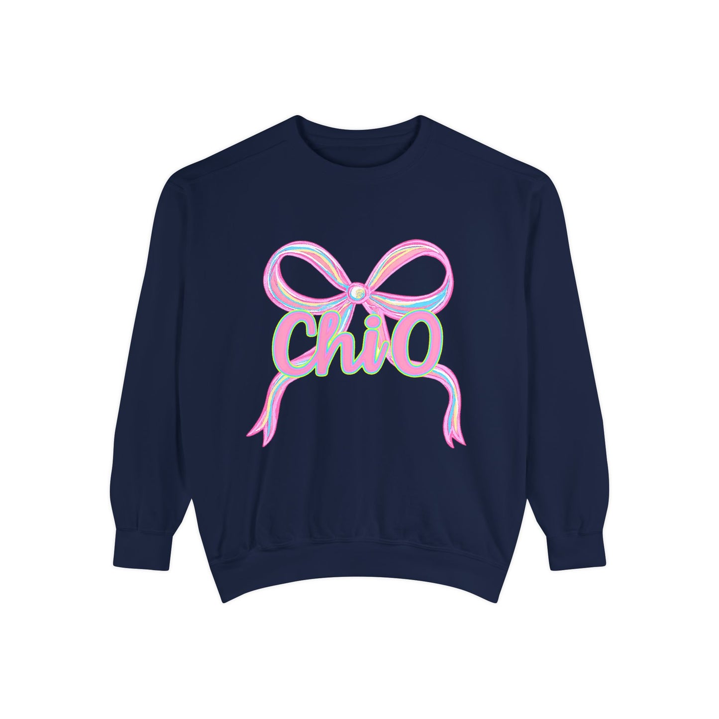 CHIO Chic Bow Graphic Unisex Garment-Dyed Sweatshirt, Cozy Pullover, Fashionable Gift, Casual Outfit, Spring Style, Trendy Apparel
