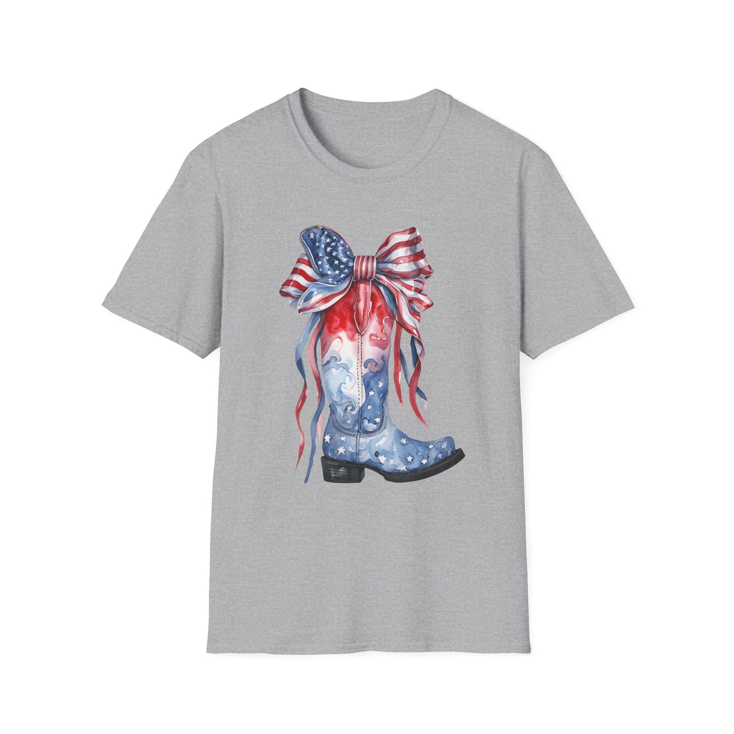 Patriotic Cowboy Boot T-Shirt | Unisex Softstyle Tee for Independence Day