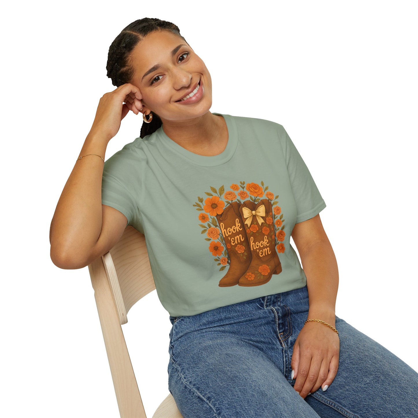 Tx Hook Em Floral Cowboy Boot T-Shirt, Hook 'Em Tee, Autumn Apparel, Country Style, Gift for Her, tx longhorns, texas fan gift, hook em horns, graduation gift, college student gift