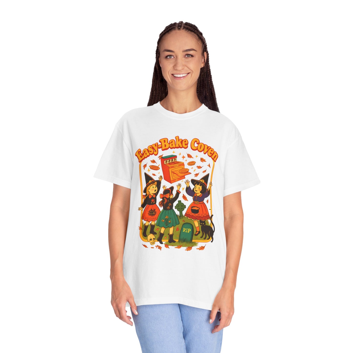 Halloween Witch T-Shirt, Unisex Garment-Dyed Shirt, Easy-Bake Coven Tee, Spooky Season Apparel, Cute Witch Design