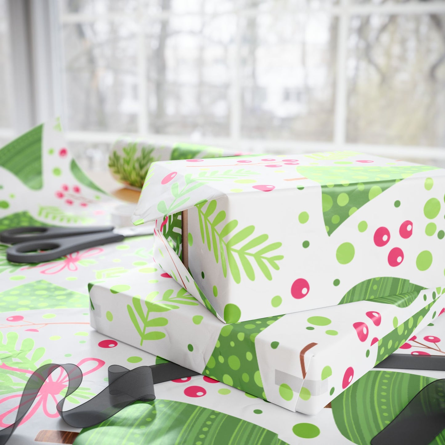 Festive Holiday Wrapping Paper with Green Trees and Bows