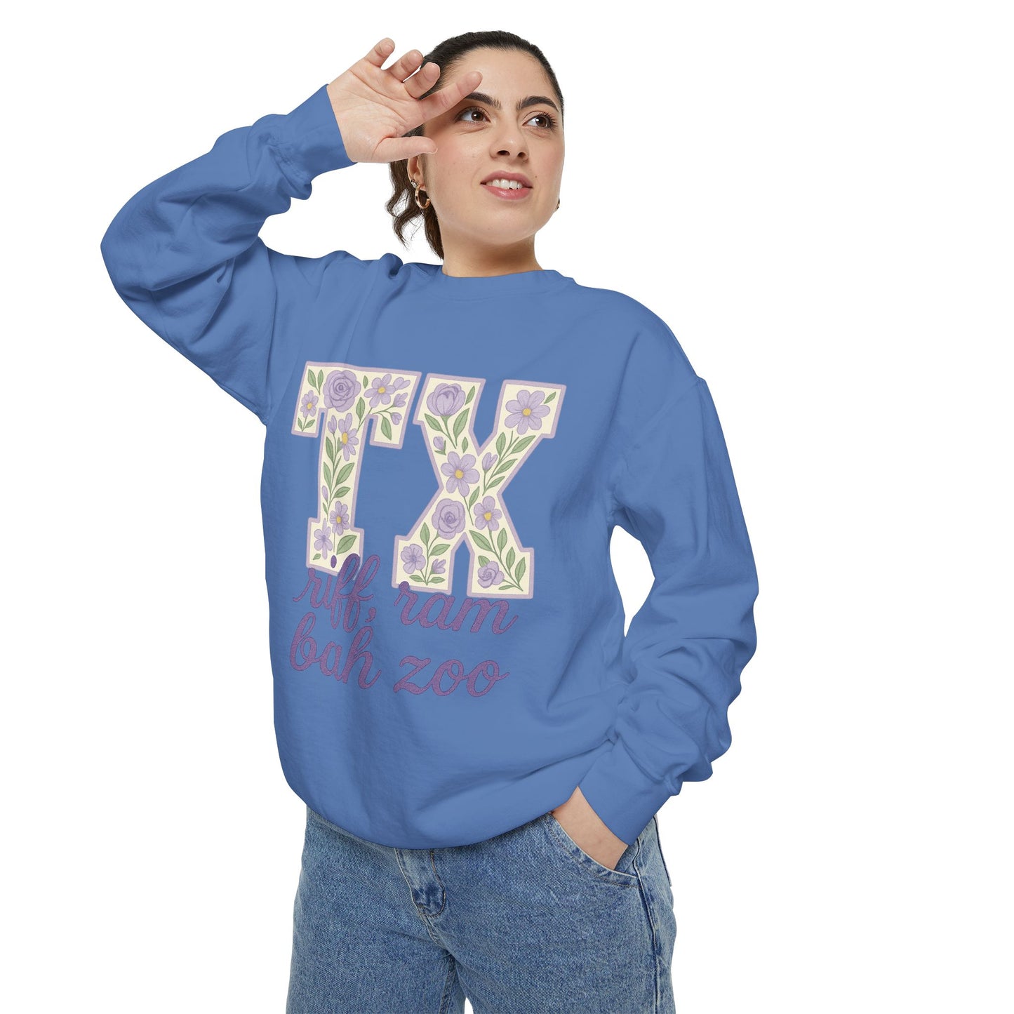 TCU Floral TX Sweatshirt - Unisex Garment-Dyed, Cozy Casual Wear, Texas Pride, Gift for Friends, College Apparel, Spring Outfits