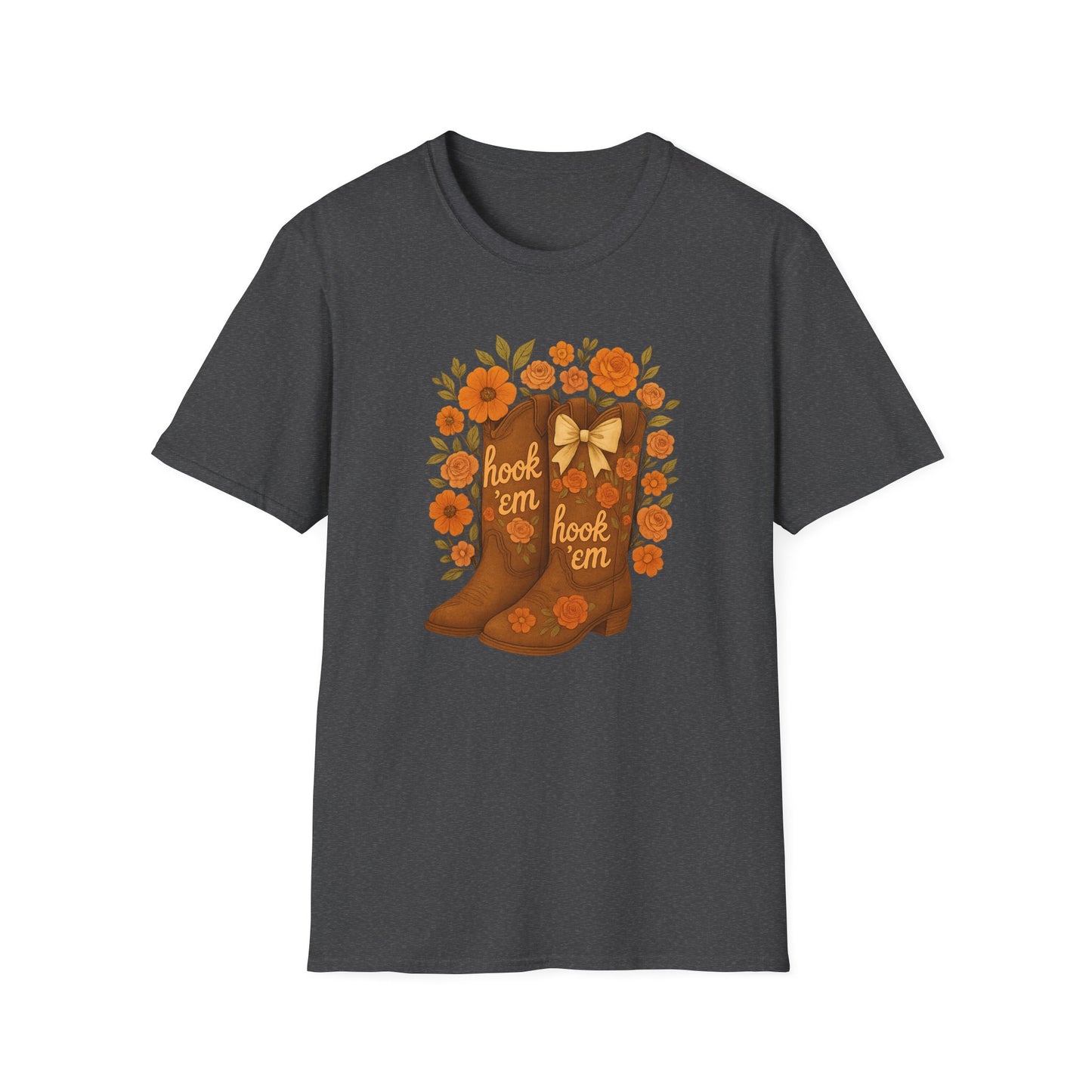Tx Hook Em Floral Cowboy Boot T-Shirt, Hook 'Em Tee, Autumn Apparel, Country Style, Gift for Her, tx longhorns, texas fan gift, hook em horns, graduation gift, college student gift
