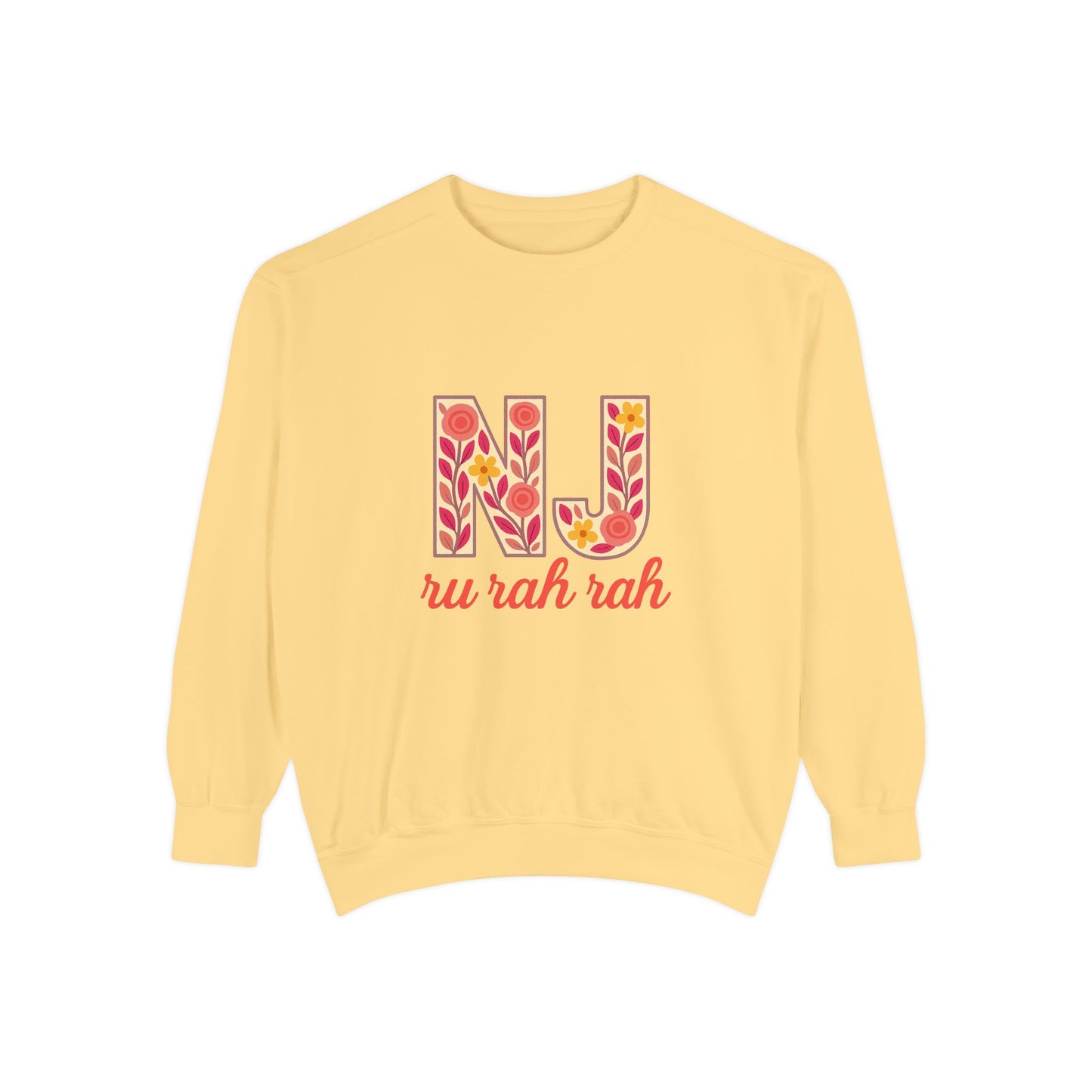 Cheerful NJ Garment-Dyed Sweatshirt, Cozy Unisex Pullover for School Spirit, Fall Fashion, Gift for College Students, Relaxed Fit