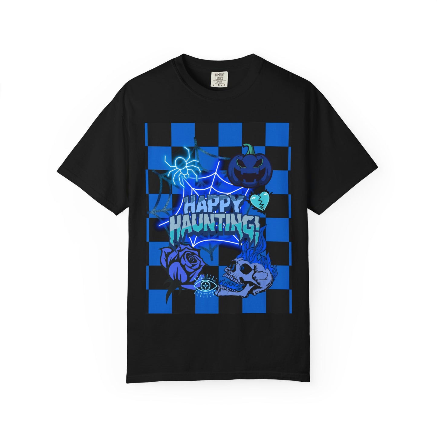 Happy Haunting Unisex Garment-Dyed T-shirt, Halloween Tee, Spooky Shirt, Fall Fashion, Casual Wear, Pumpkin Fest