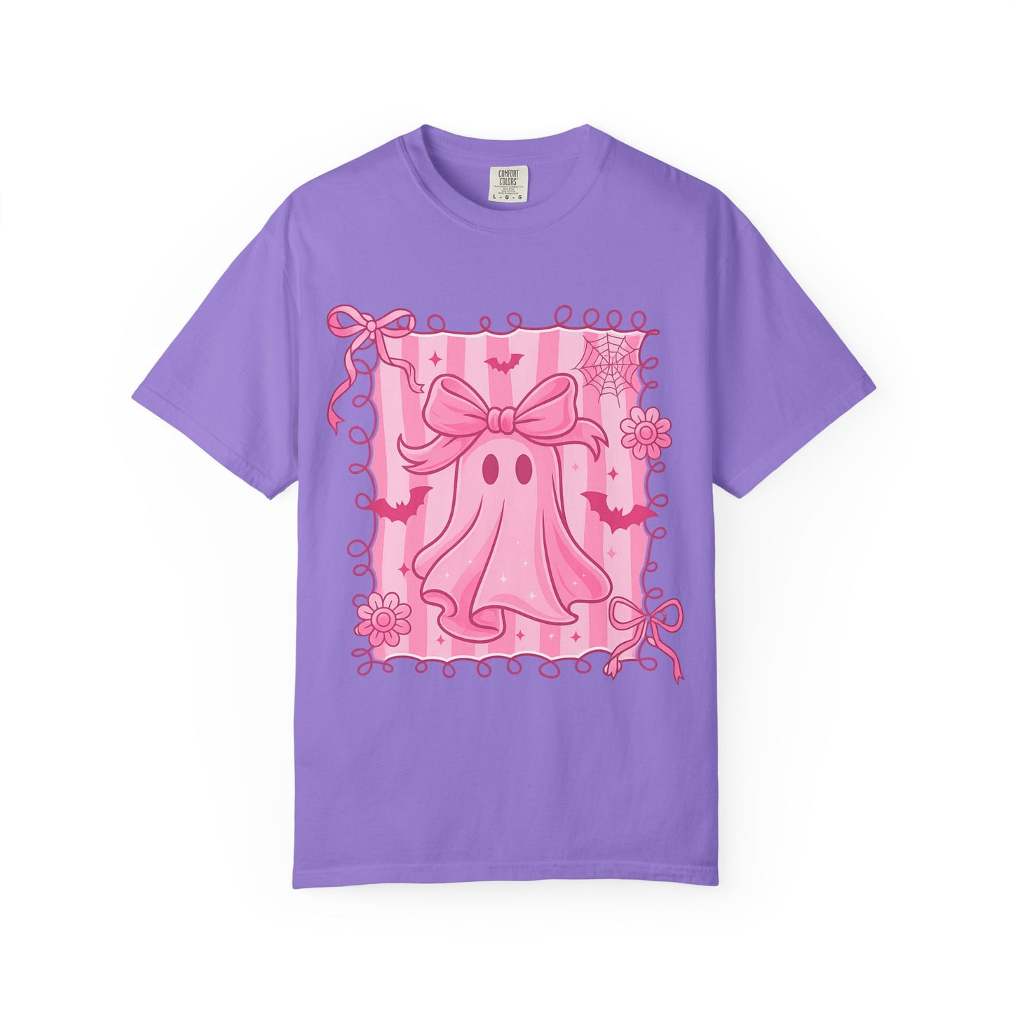Cute Pink Ghost Graphic T-Shirt, Pink Halloween Tee, Unisex Garment-Dyed Top, Spooky Style for Fall, Trick or Treat Fashion