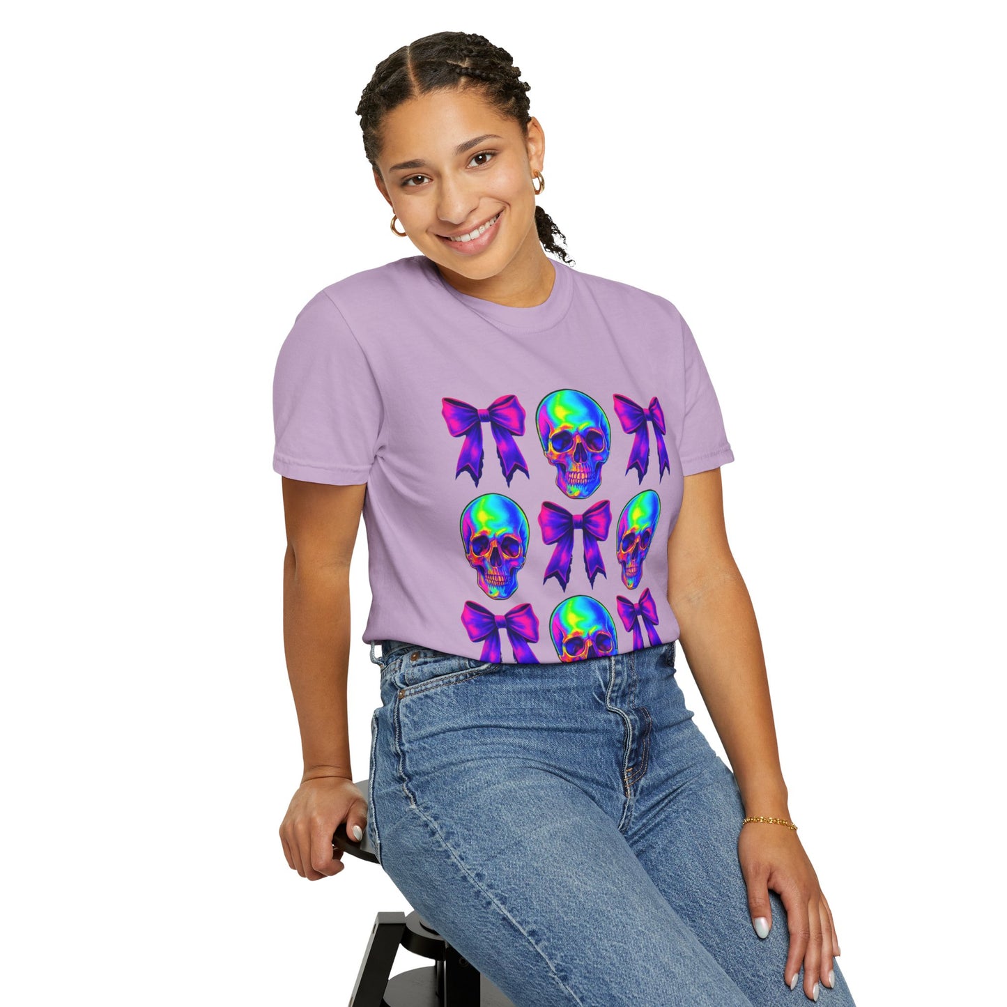 Neon Skull and Bow Unisex T-Shirt | Trendy Graphic Tee for Halloween, Festivals, Casual Wear, Gifts