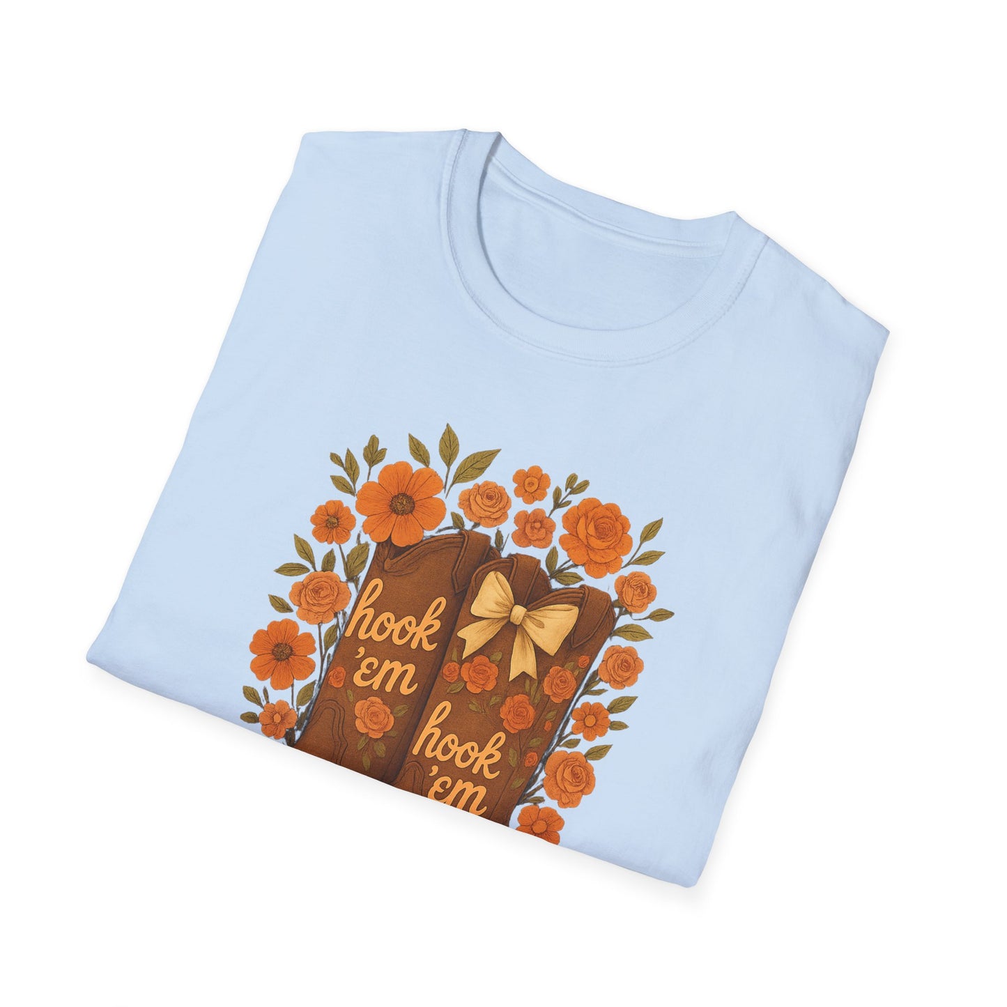 Tx Hook Em Floral Cowboy Boot T-Shirt, Hook 'Em Tee, Autumn Apparel, Country Style, Gift for Her, tx longhorns, texas fan gift, hook em horns, graduation gift, college student gift