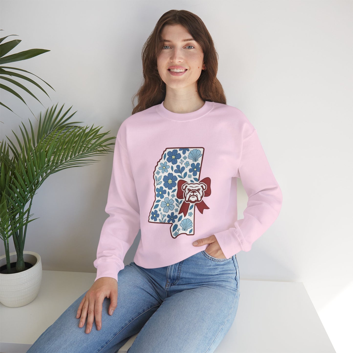 Mississippi Flower Bulldog Crewneck Sweatshirt, Cozy Sweatshirt for Fall, Gift for Dog Lovers, College Apparel, Casual Fashion