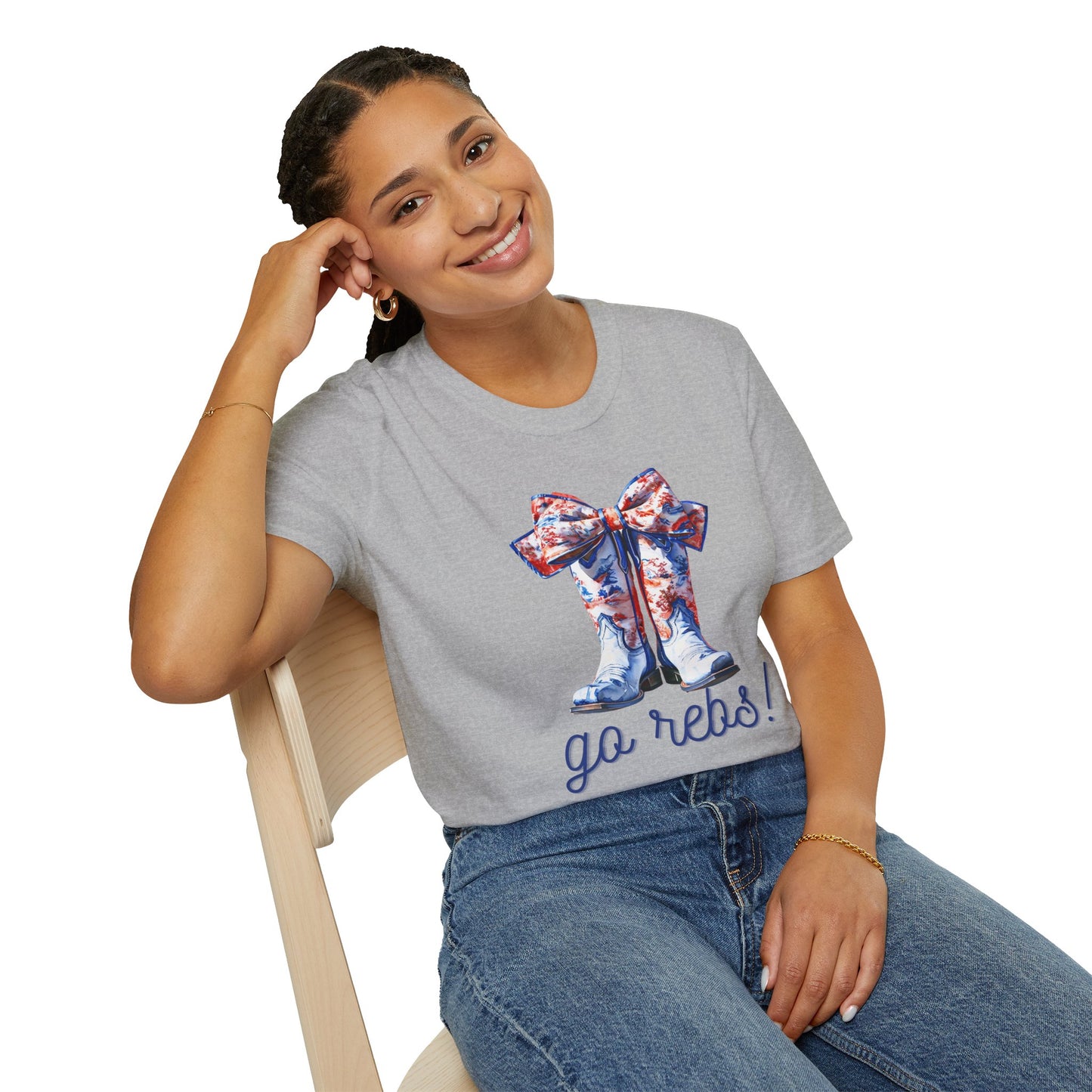 , go Rebs Cheerful Unisex Softstyle T-Shirt with Bow Design | Gift for Sports Fans, Casual Wear, Team Spirit, Game Day Shirt, Cheerleading Top