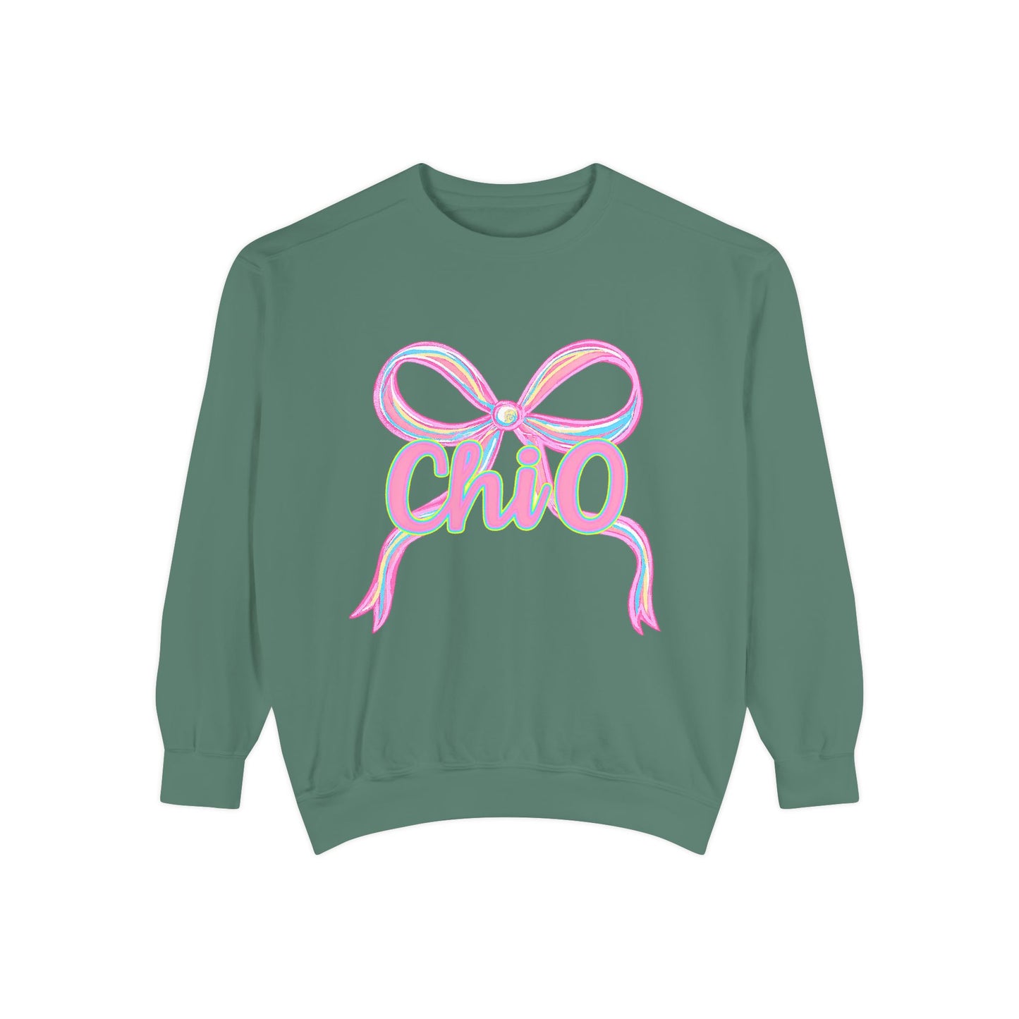 CHIO Chic Bow Graphic Unisex Garment-Dyed Sweatshirt, Cozy Pullover, Fashionable Gift, Casual Outfit, Spring Style, Trendy Apparel