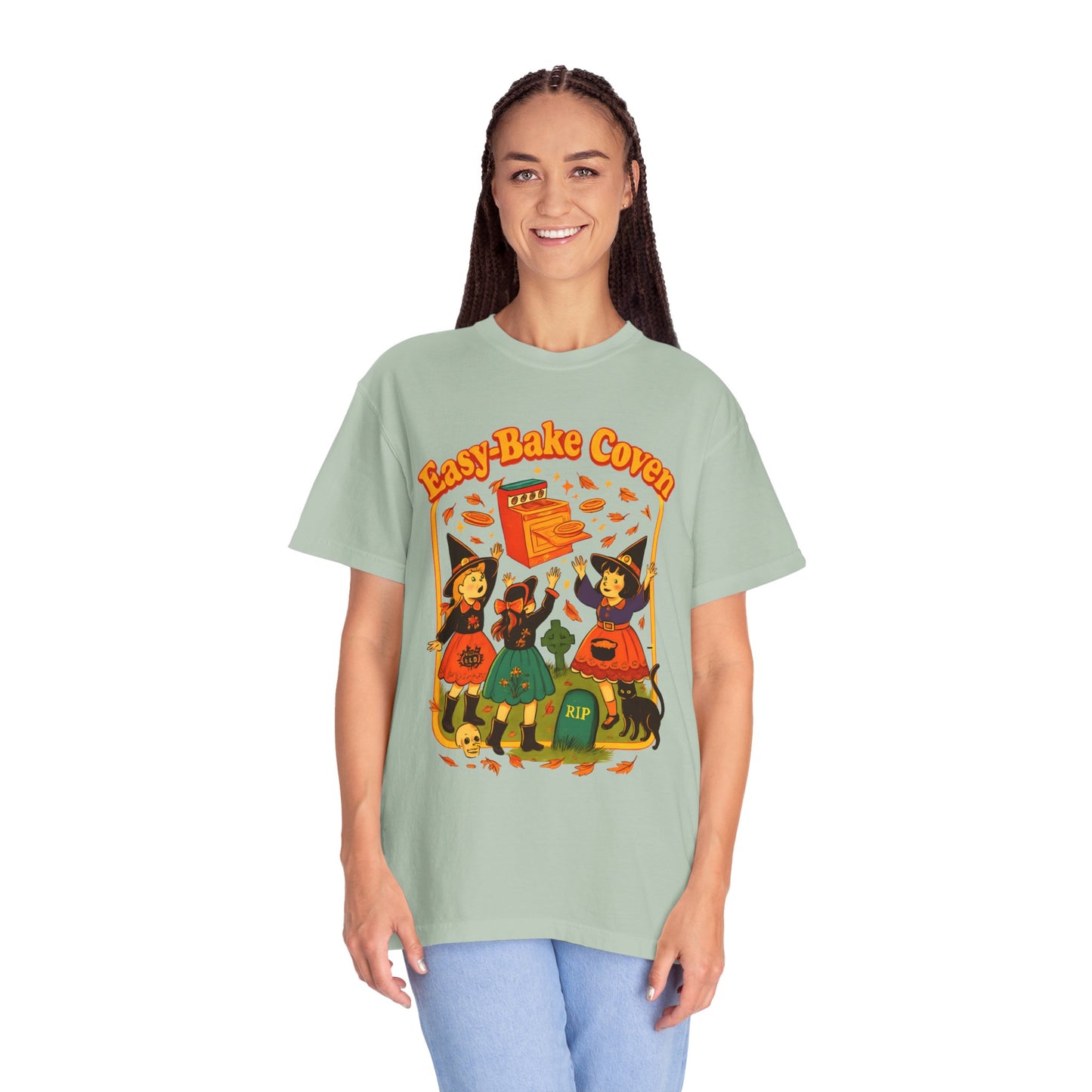 Halloween Witch T-Shirt, Unisex Garment-Dyed Shirt, Easy-Bake Coven Tee, Spooky Season Apparel, Cute Witch Design