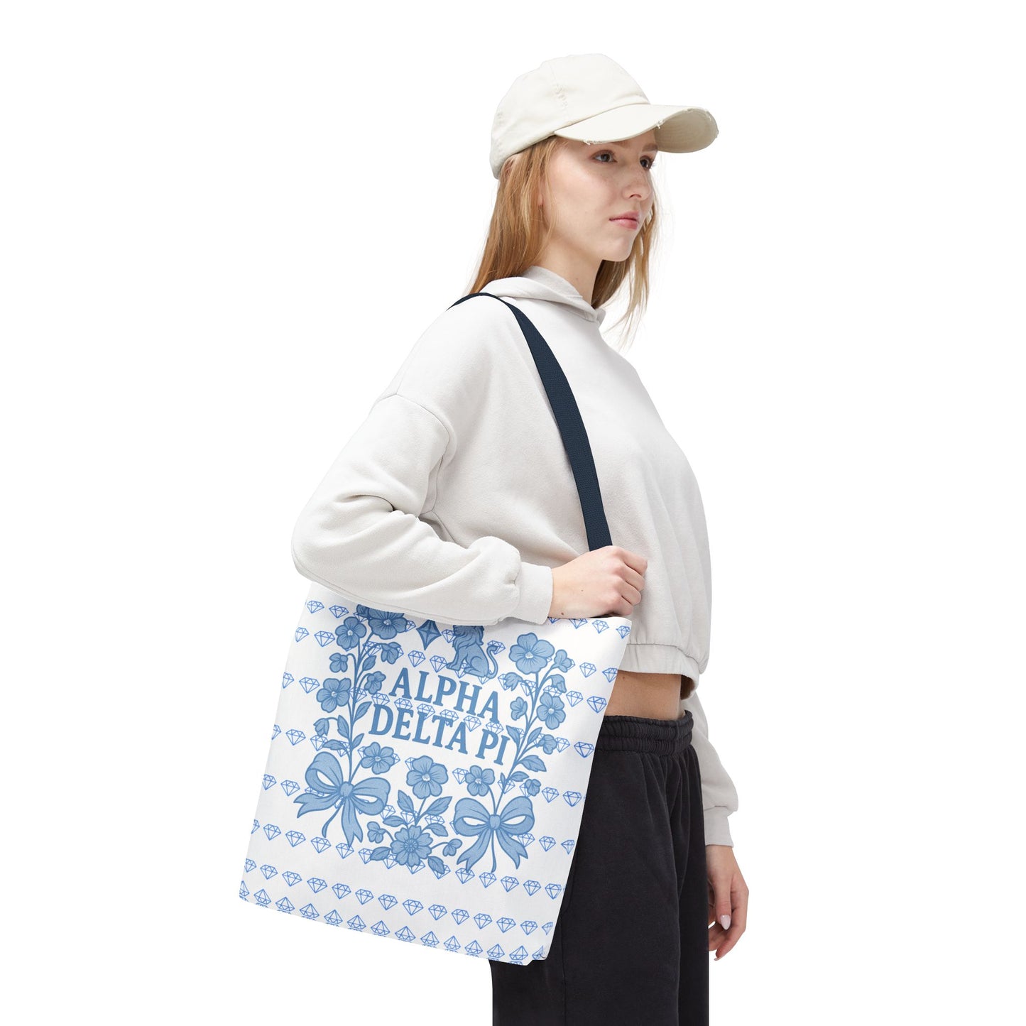 Alpha Delta Pi Floral Tote Bag - Stylish Sorority Accessory, Gift for College Students, Everyday Use, Blue Floral Design, AOP Style