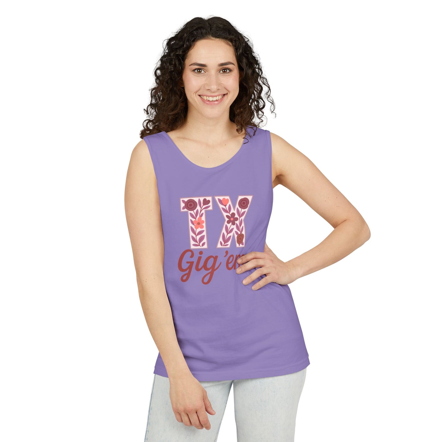 Texas Gig 'Em Tank Top, Unisex Summer Apparel, Cute Floral Design, Perfect for College Fans, Gifts, Comfort Colors, Graduation Gift