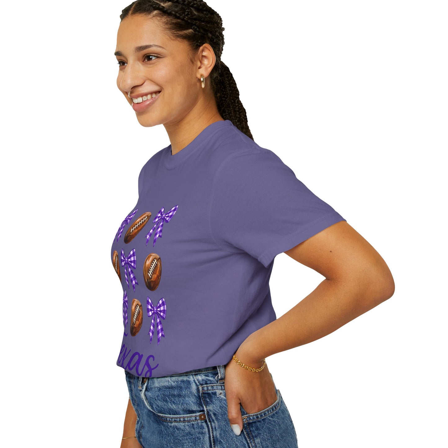 Texas Football Unisex T-Shirt with Purple Bows - Game Day Sports Apparel for Horned Frogs Fans