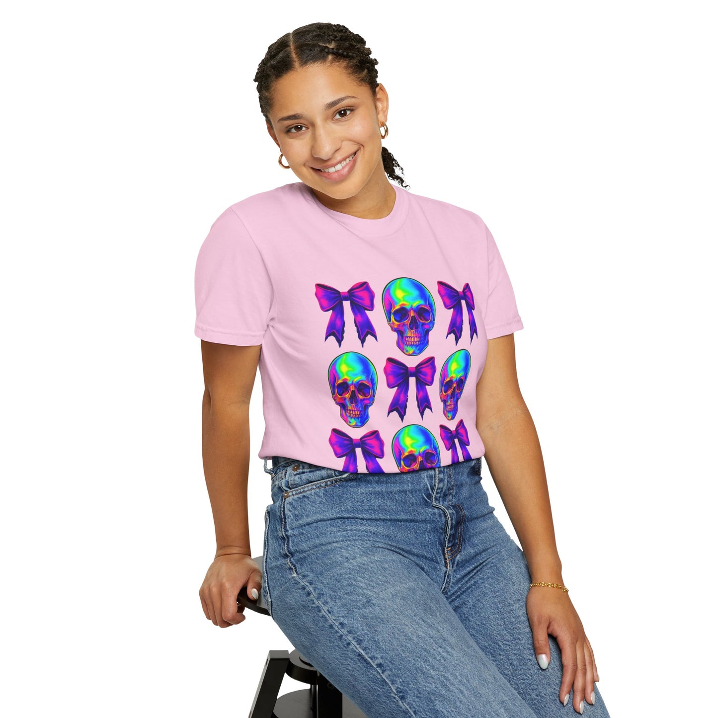 Neon Skull and Bow Unisex T-Shirt | Trendy Graphic Tee for Halloween, Festivals, Casual Wear, Gifts