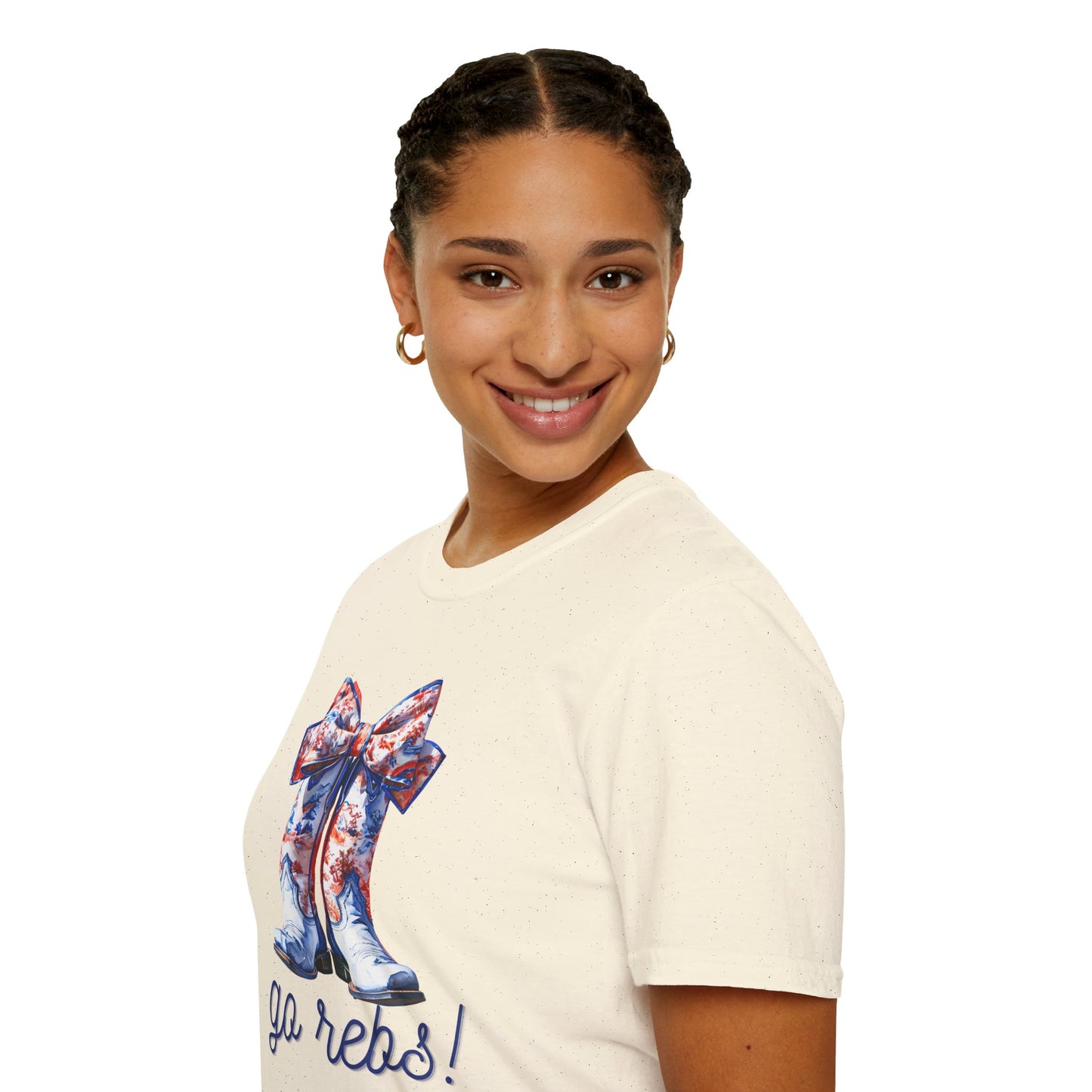 , go Rebs Cheerful Unisex Softstyle T-Shirt with Bow Design | Gift for Sports Fans, Casual Wear, Team Spirit, Game Day Shirt, Cheerleading Top