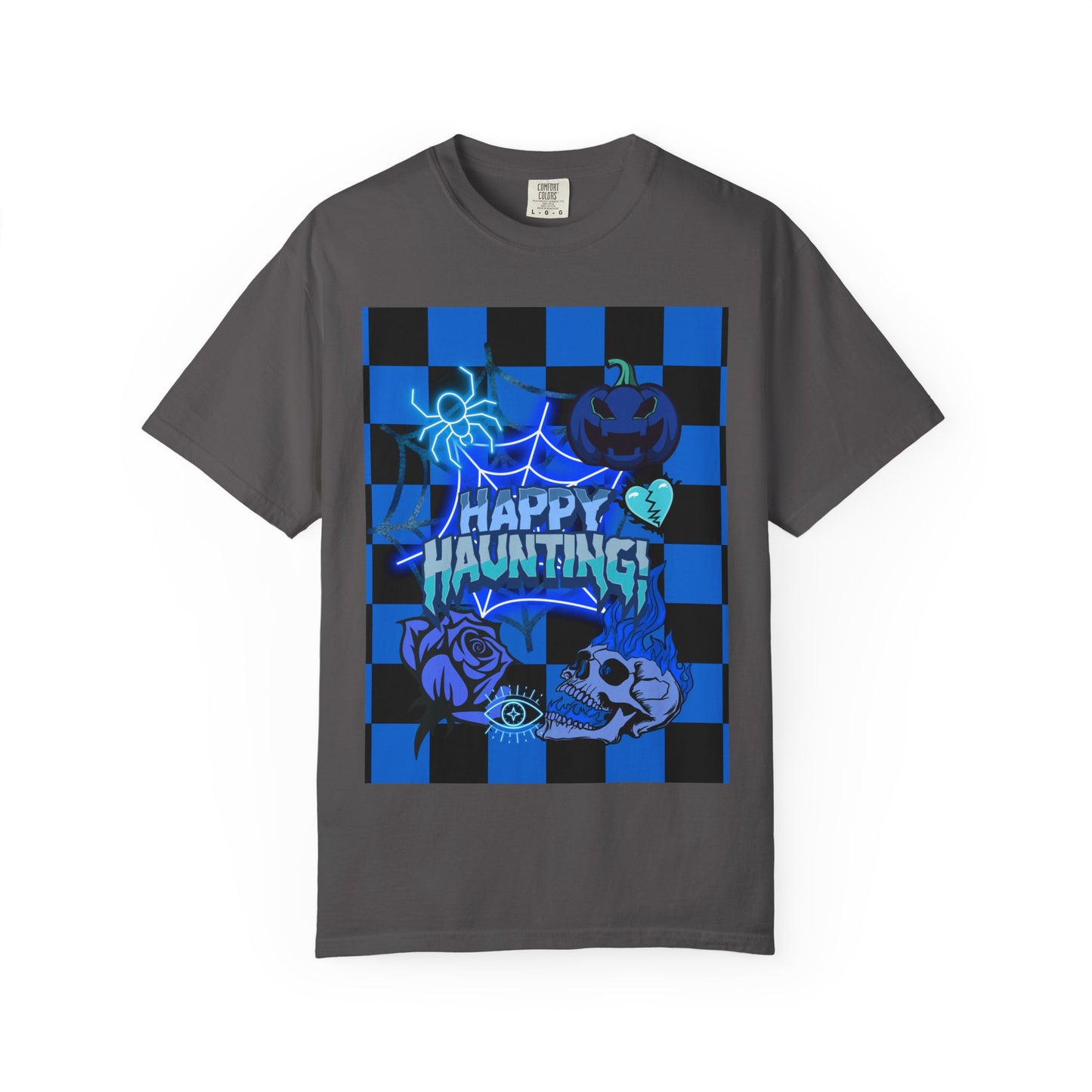 Happy Haunting Unisex Garment-Dyed T-shirt, Halloween Tee, Spooky Shirt, Fall Fashion, Casual Wear, Pumpkin Fest