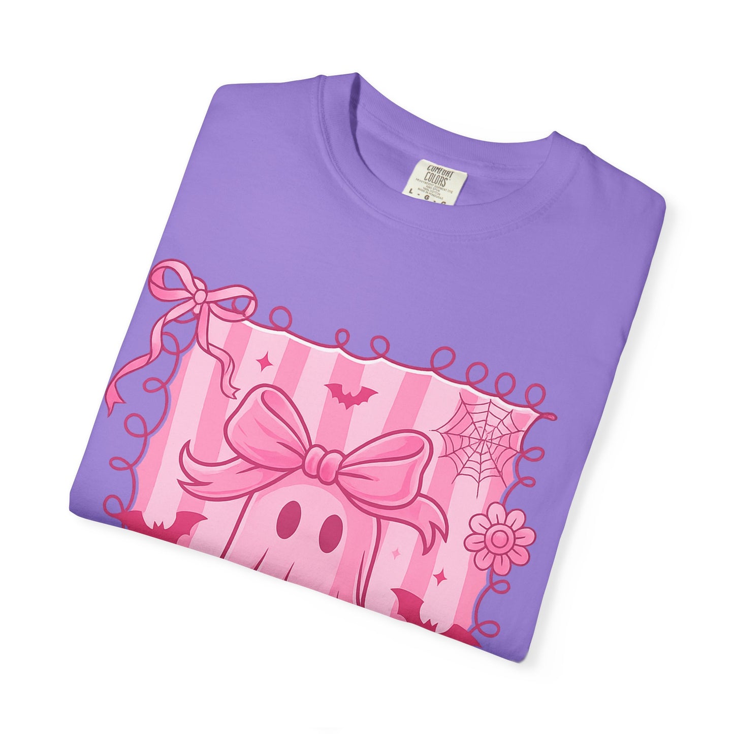 Cute Pink Ghost Graphic T-Shirt, Pink Halloween Tee, Unisex Garment-Dyed Top, Spooky Style for Fall, Trick or Treat Fashion