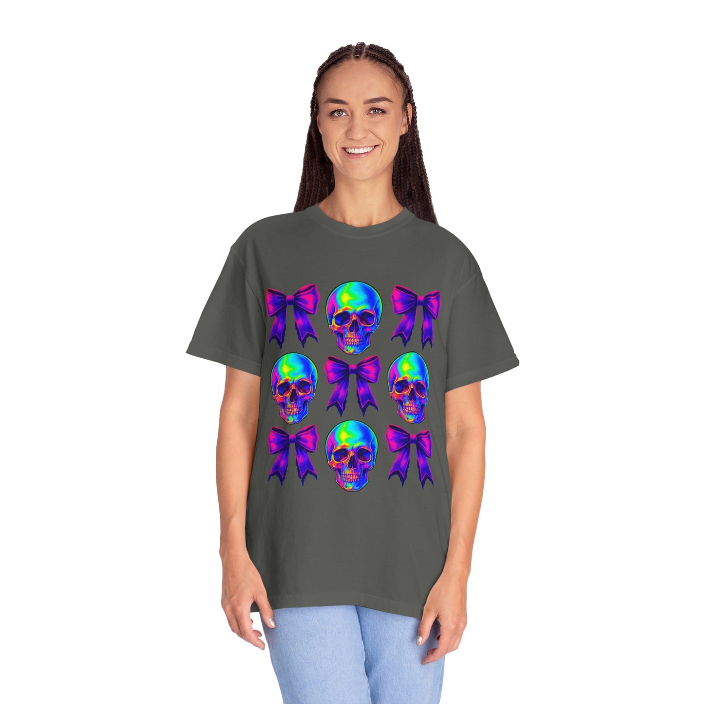 Neon Skull and Bow Unisex T-Shirt | Trendy Graphic Tee for Halloween, Festivals, Casual Wear, Gifts