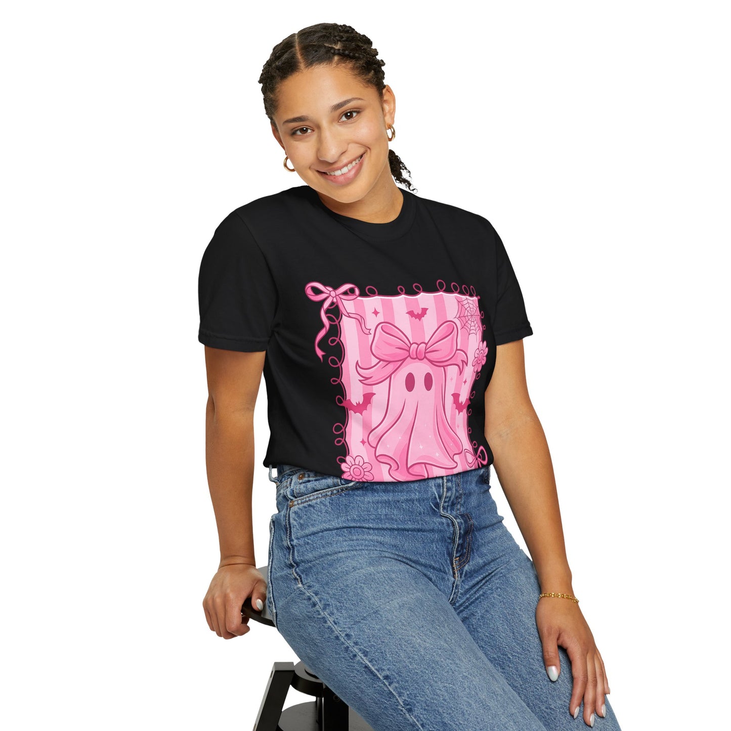 Cute Pink Ghost Graphic T-Shirt, Pink Halloween Tee, Unisex Garment-Dyed Top, Spooky Style for Fall, Trick or Treat Fashion