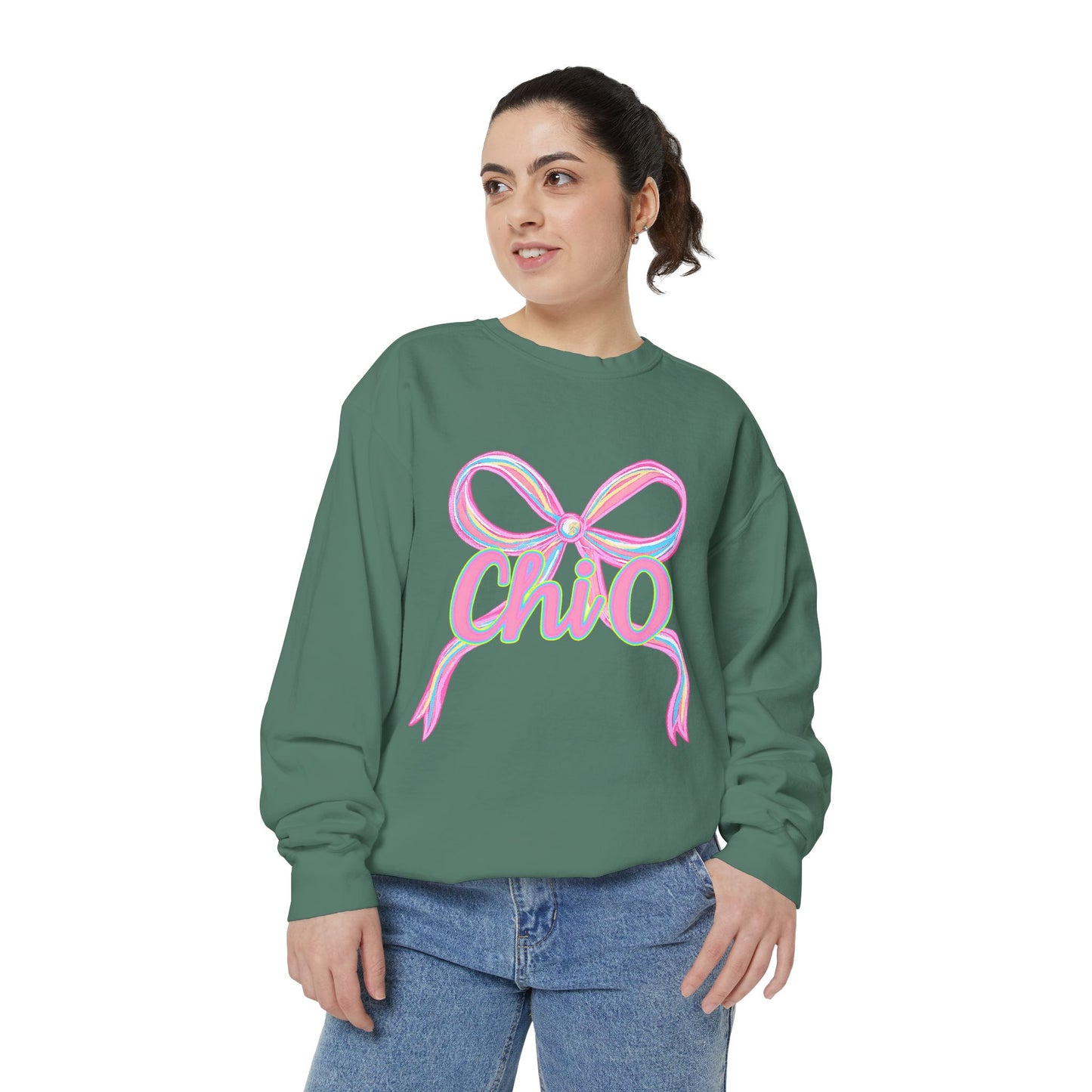 CHIO Chic Bow Graphic Unisex Garment-Dyed Sweatshirt, Cozy Pullover, Fashionable Gift, Casual Outfit, Spring Style, Trendy Apparel