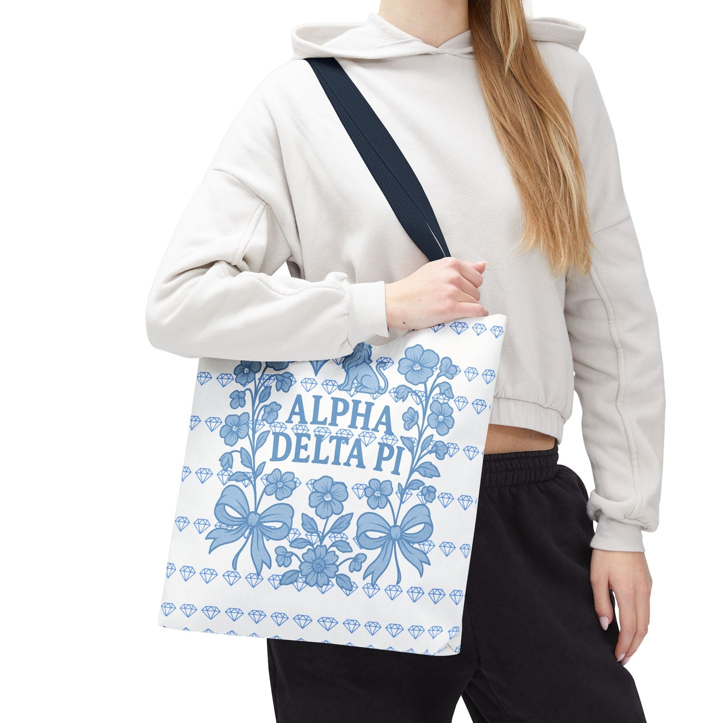 Alpha Delta Pi Floral Tote Bag - Stylish Sorority Accessory, Gift for College Students, Everyday Use, Blue Floral Design, AOP Style