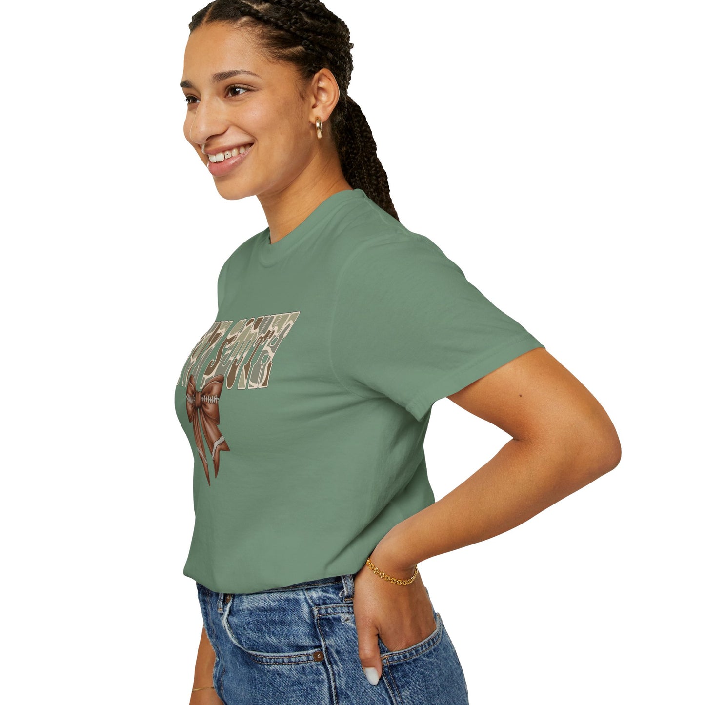Camo Bow Graphic Tee - Trendy Apparel for Casual Outings and Birthdays