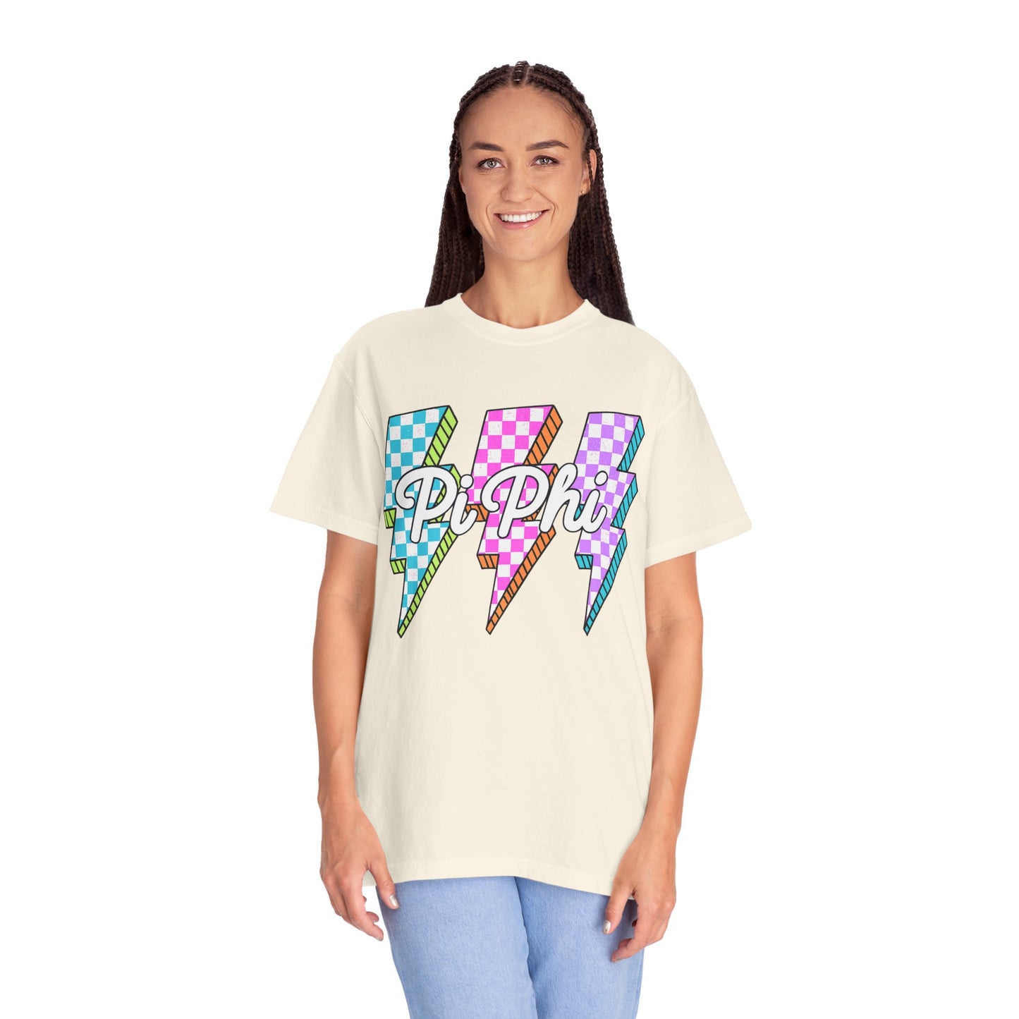 PB Phi Lightning Bolt Unisex T-shirt | Vibrant Greek Life Apparel, Unique Gift for Sorority Sisters, Casual Wear, Celebrating Sisterhood