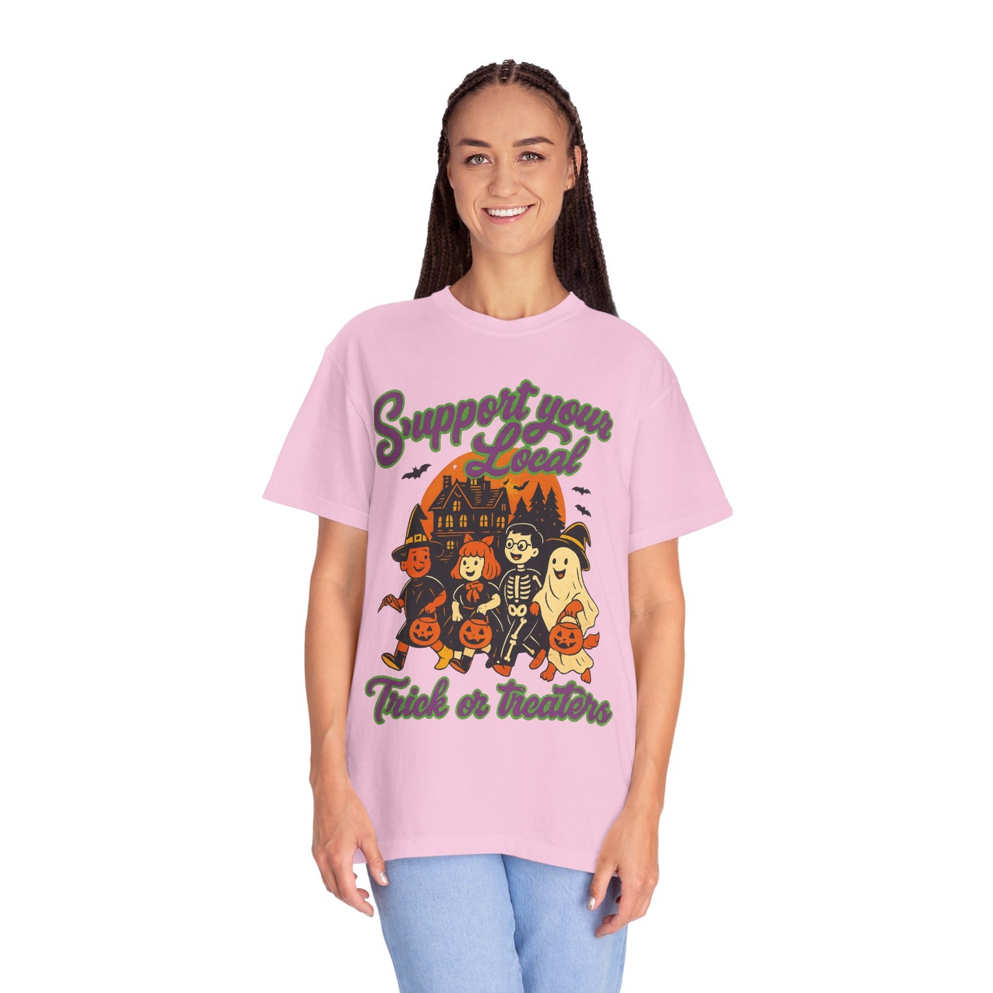 Halloween Support T-Shirt, Youth Trick or Treat Shirt, Garment-Dyed Tee for Kids, Spooky Season Apparel, Holiday Party Top, Fun Costume Wear
