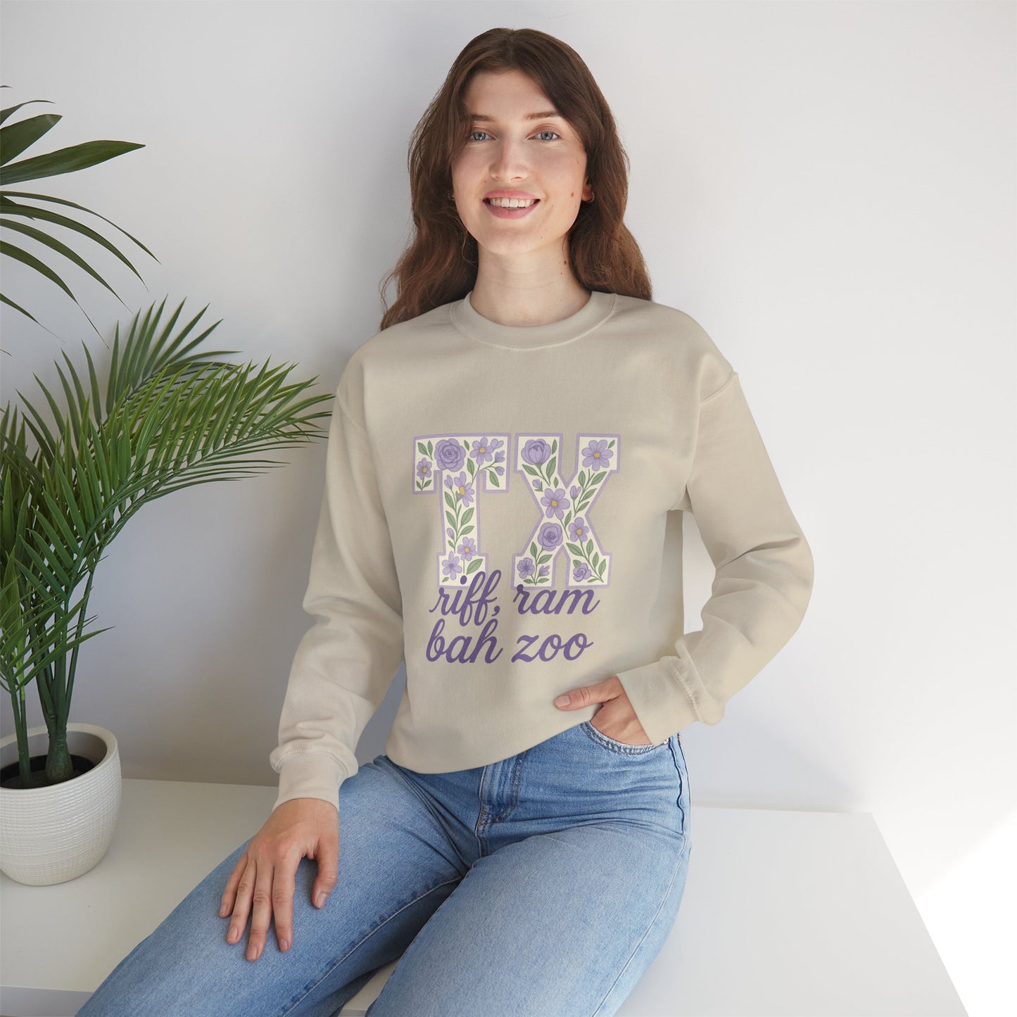 Texas Floral Sweatshirt, Cozy Unisex Crewneck, TX Riff Ram Bah Zoo Pullover, Gift for College Students, Texas Pride Apparel, Spring Fashion