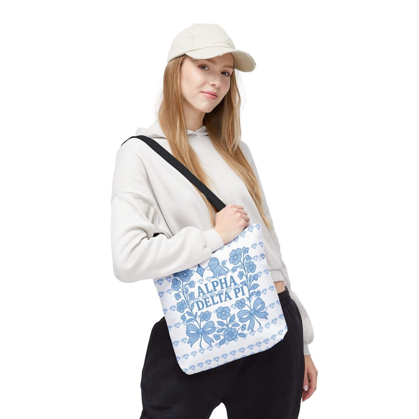 Alpha Delta Pi Floral Tote Bag - Stylish Sorority Accessory, Gift for College Students, Everyday Use, Blue Floral Design, AOP Style