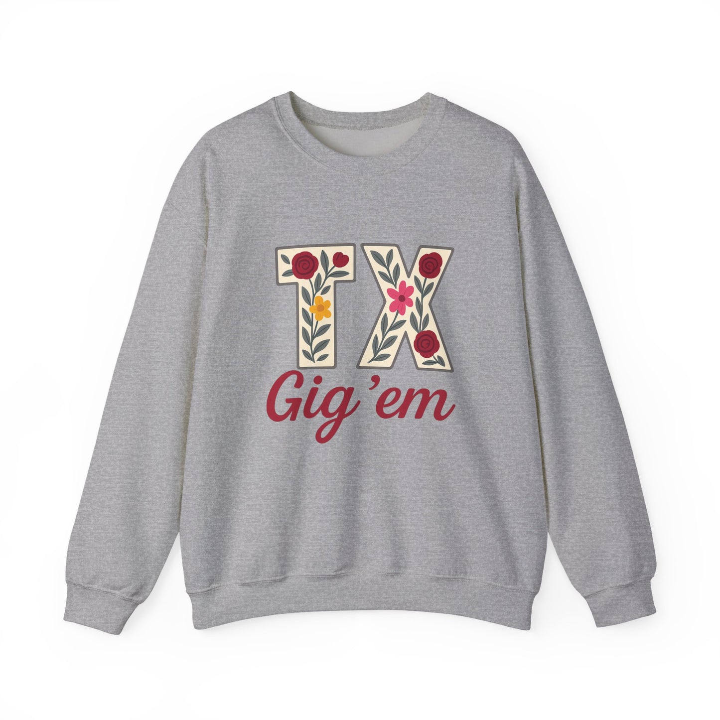 Texas Floral Crewneck Sweatshirt, Cozy Texas Sweatshirt, TX Gig'em Gift, Unisex Sweatshirt for Gamers, Floral Crew Neck for Casual Wear