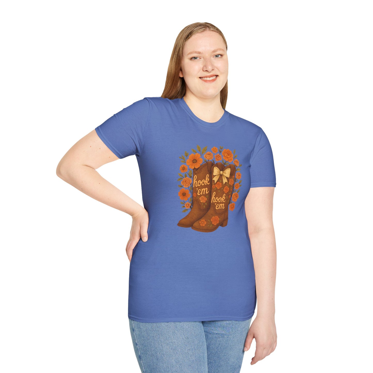 Tx Hook Em Floral Cowboy Boot T-Shirt, Hook 'Em Tee, Autumn Apparel, Country Style, Gift for Her, tx longhorns, texas fan gift, hook em horns, graduation gift, college student gift